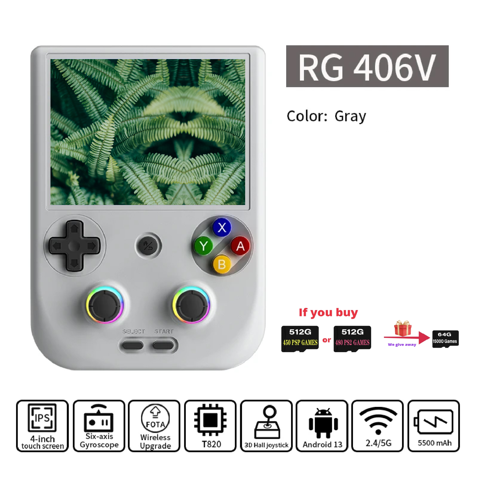 ANBERNIC RG406V Handheld Game Console 4" IPS Multi-touch Screen Android13 RG 406V Video Gaming Player Support Wifi 1080p DP FOTA