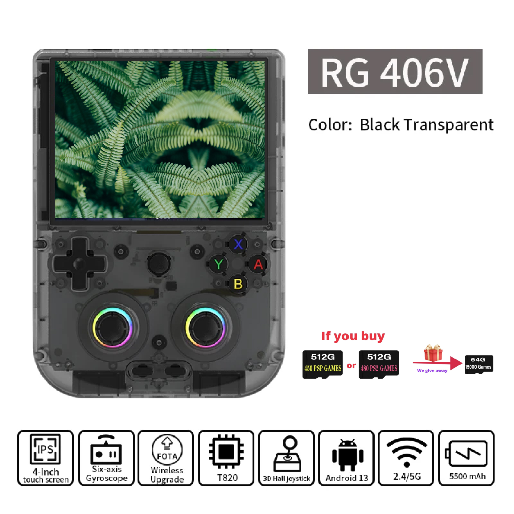 ANBERNIC RG406V Handheld Game Console 4" IPS Multi-touch Screen Android13 RG 406V Video Gaming Player Support Wifi 1080p DP FOTA