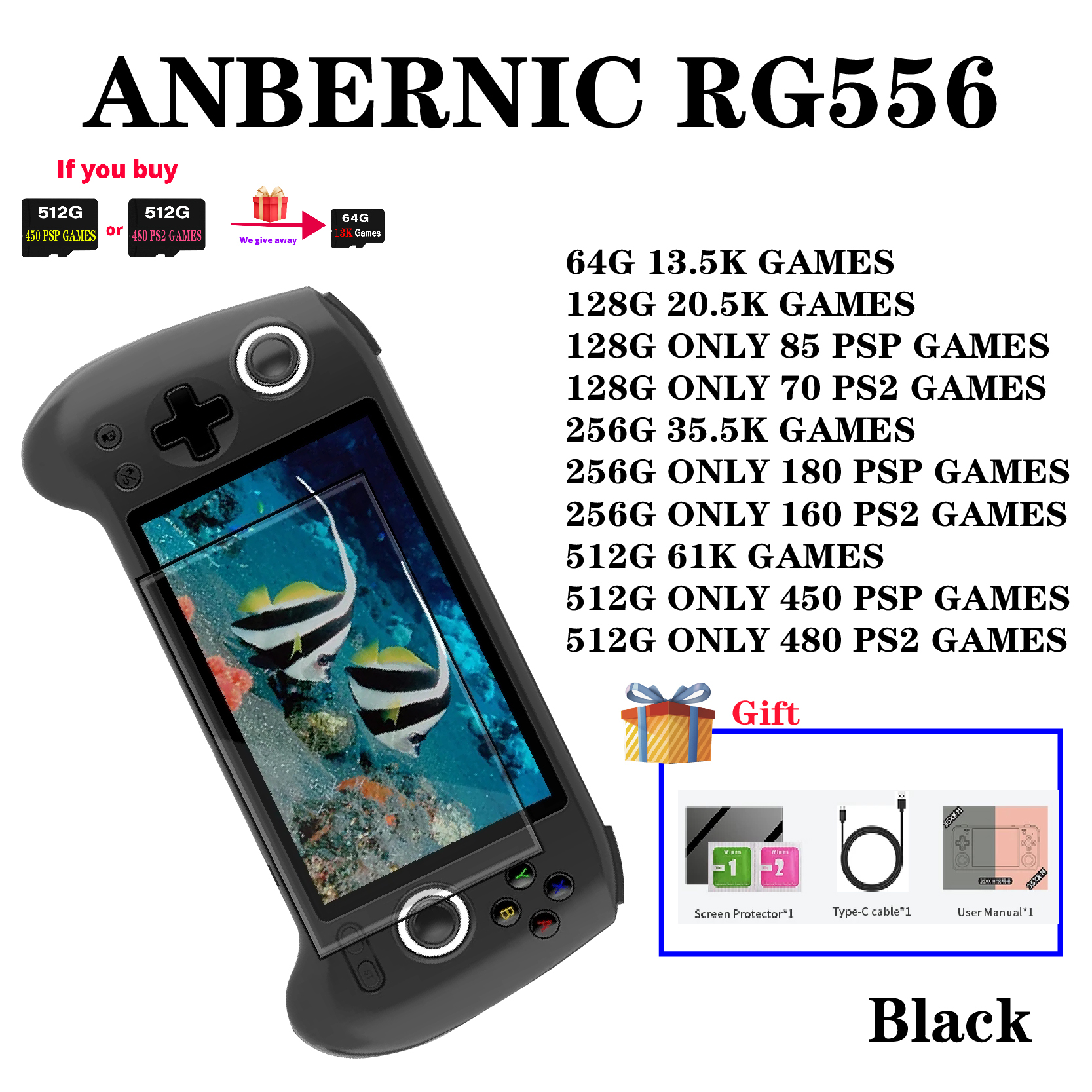 ANBERNIC RG556 Handheld Game Console 5.48'' AMOLED Screen Android System 5500mAH Battery Bluetooth5.0 Portable Video Game Player