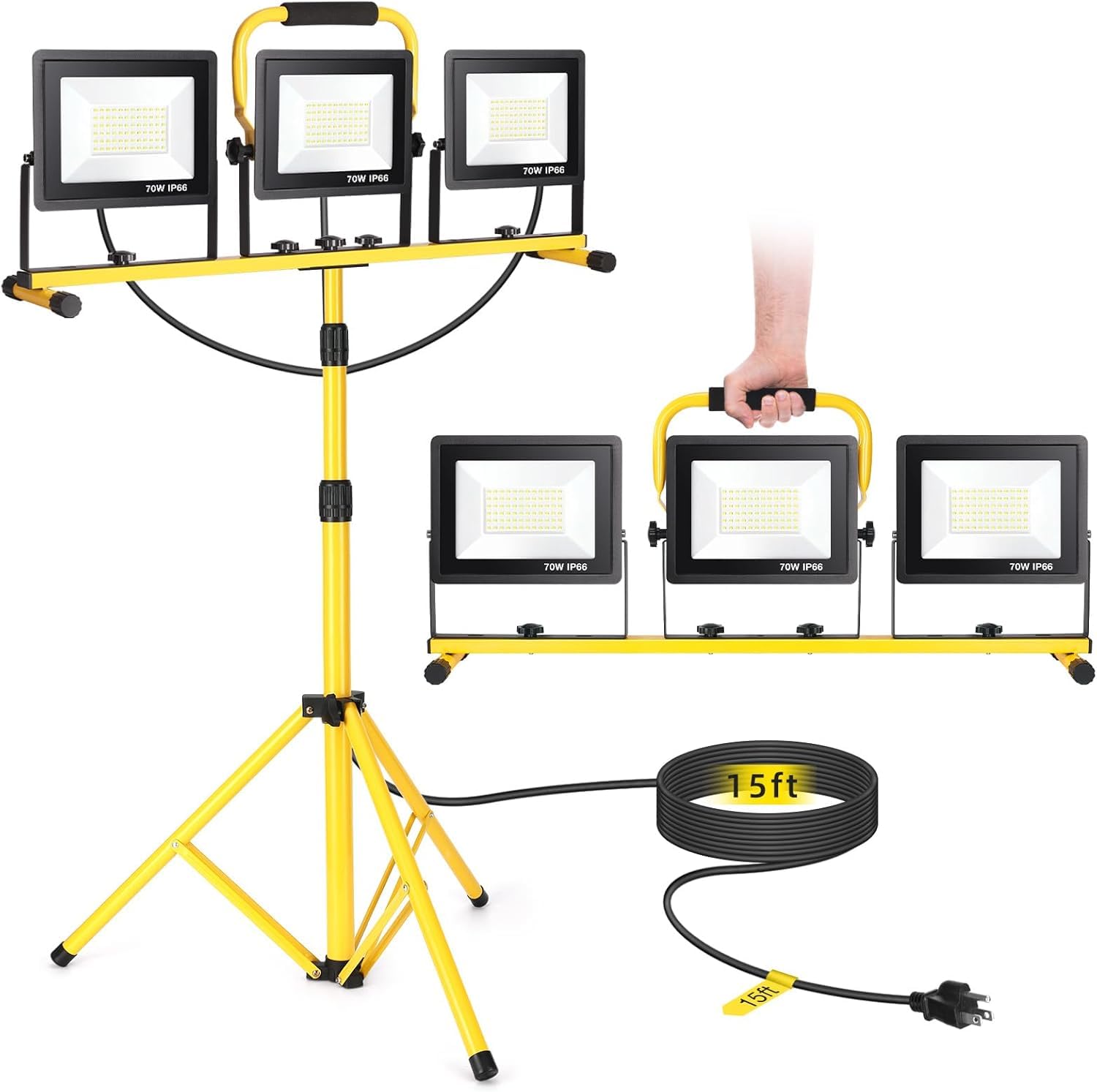  Foco LED 3x 70W, Foco de Trabajo 21,000LM 6500K, Focos LED Portátil para Obras con Trípode Telescópico de Metal, Cable de 5M, IP66 Impermeable, Luz de Trabajo para Construcción