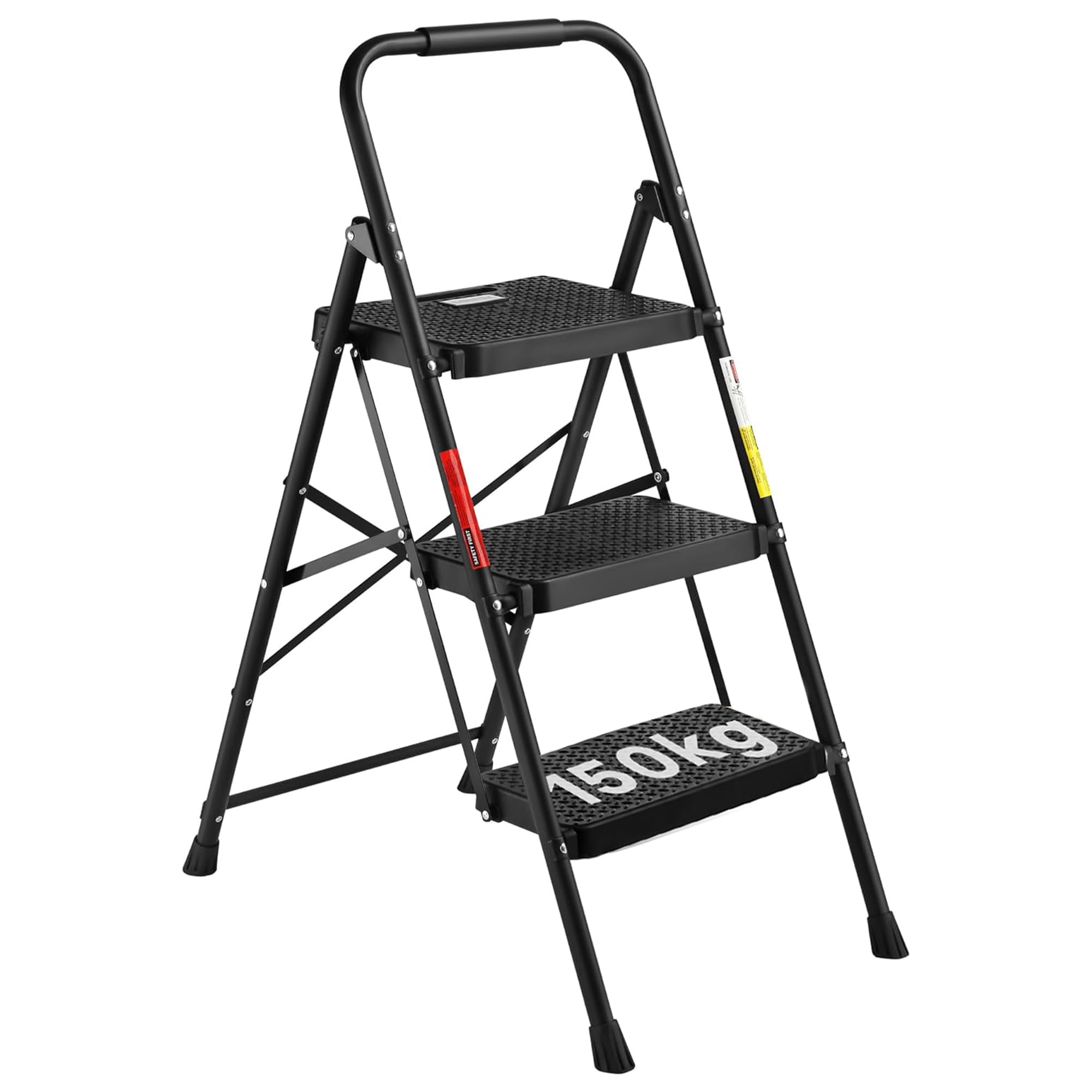 Escaleras Plegables de 3 Escalones, Capacidad de 150KG con Pedales Antideslizantes Anchos, Taburete Escaleras de Mano de Acero, Manubrio de Esponja, Uso en Interiores y Exteriores, Negro