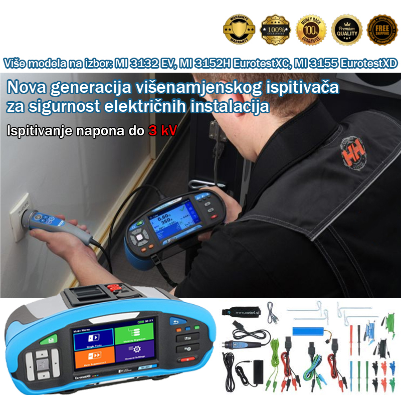 višenamjenski električni ispitivač, istinska efektivna vrijednost (TRMS), zaštitni prekidač (RCD), ispitivač izolacije.