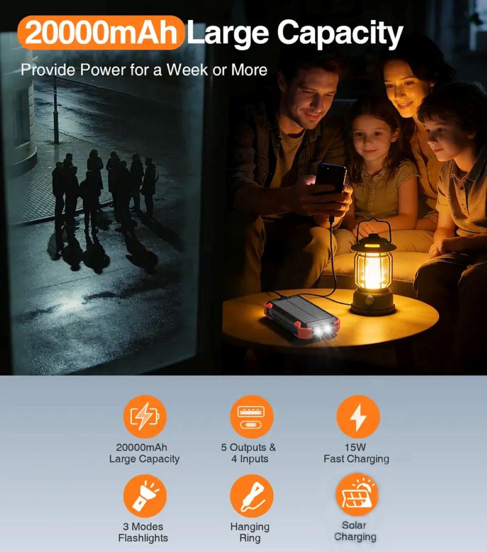 20000mAh Solar Charger Power Bank – Waterproof Outdoor Portable Battery with Wireless Charging