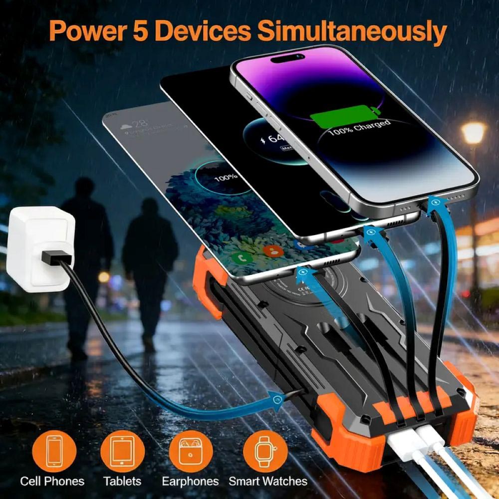 20000mAh Solar Charger Power Bank – Waterproof Outdoor Portable Battery with Wireless Charging