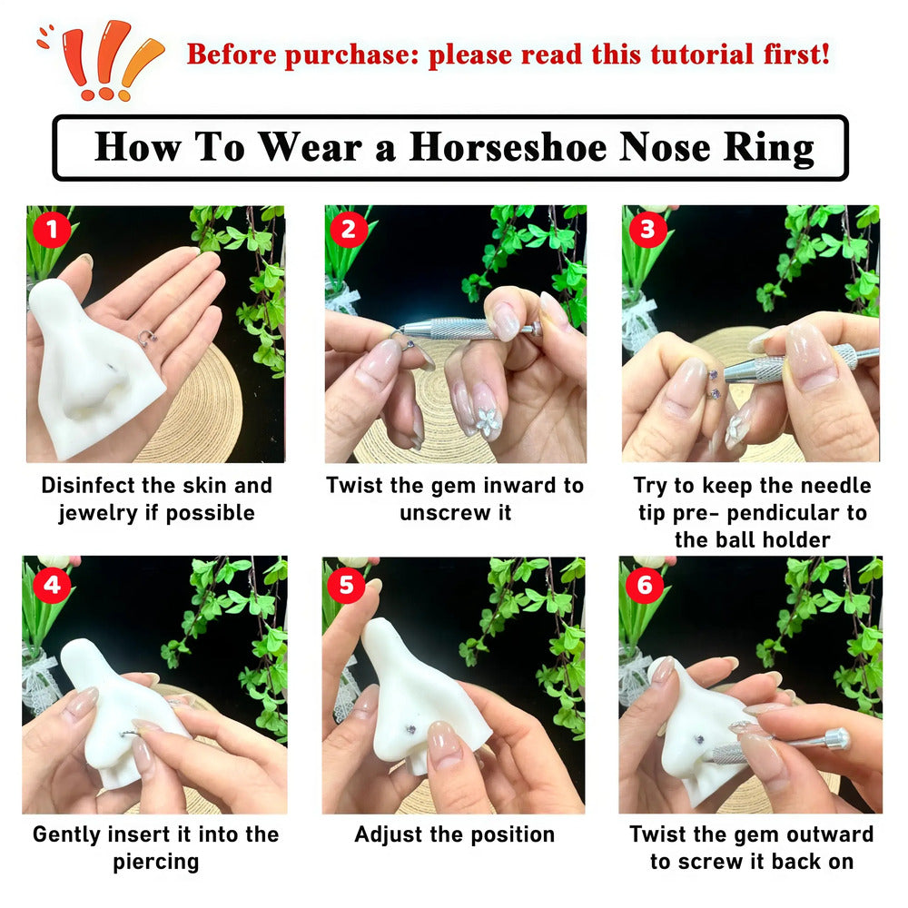 6PCS 18G Horseshoe Nose Ring Set – Internally Threaded Gem Hoops (Multiple Sizes)