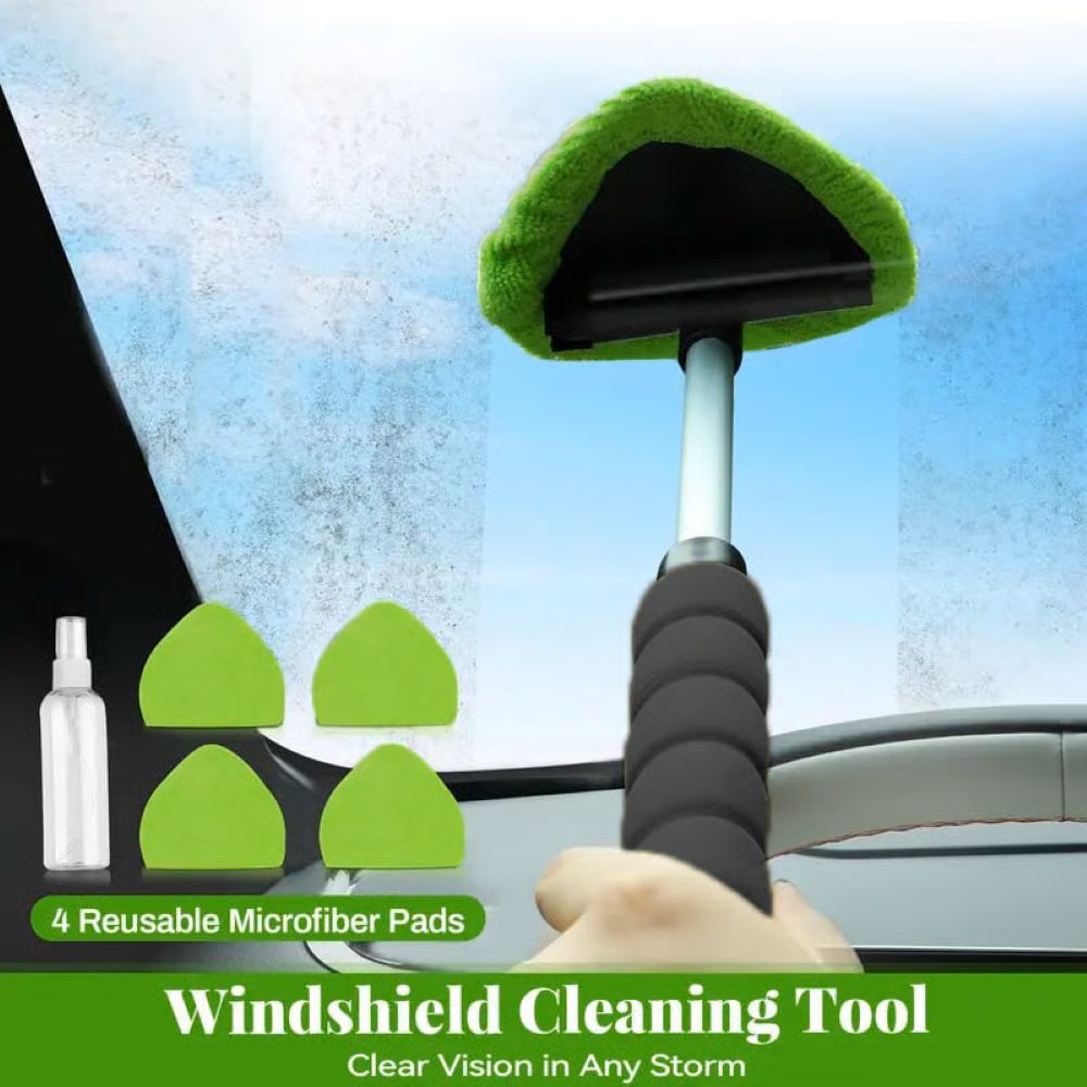 Windshield Cleaning Tool, Microfiber Car Window Cleaner with 4 Reusable and Washable Microfiber Pads and Extendable Handle
