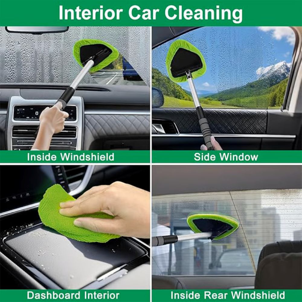 Windshield Cleaning Tool, Microfiber Car Window Cleaner with 4 Reusable and Washable Microfiber Pads and Extendable Handle