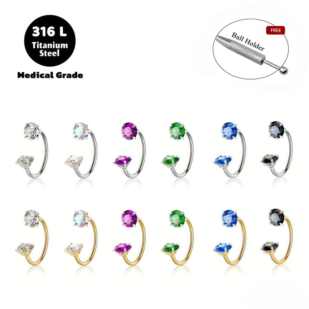 6PCS 18G Horseshoe Nose Ring Set – Internally Threaded Gem Hoops (Multiple Sizes)