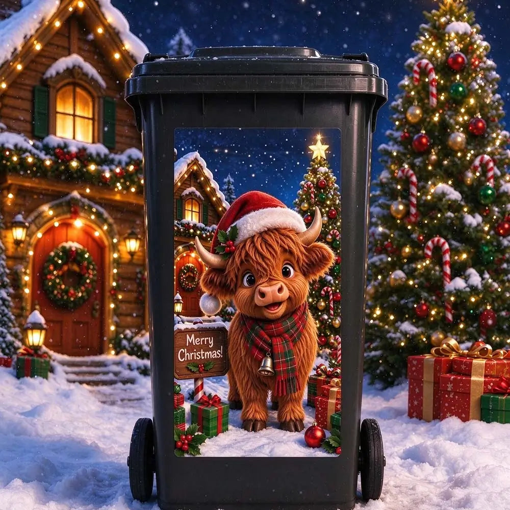 Highland cattle calf trash can sticker for Christmas outdoor bin decoration