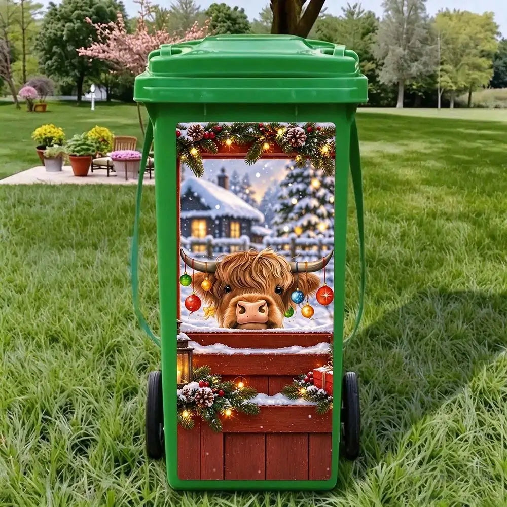 Cute highland cattle trash can sticker for Christmas outdoor bin decoration