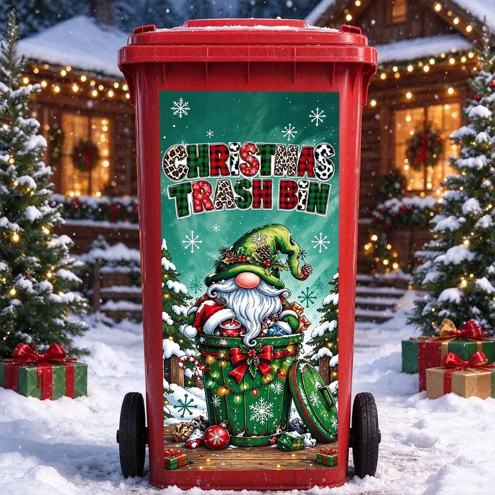 Gnome trash can sticker for Christmas outdoor bin decoration