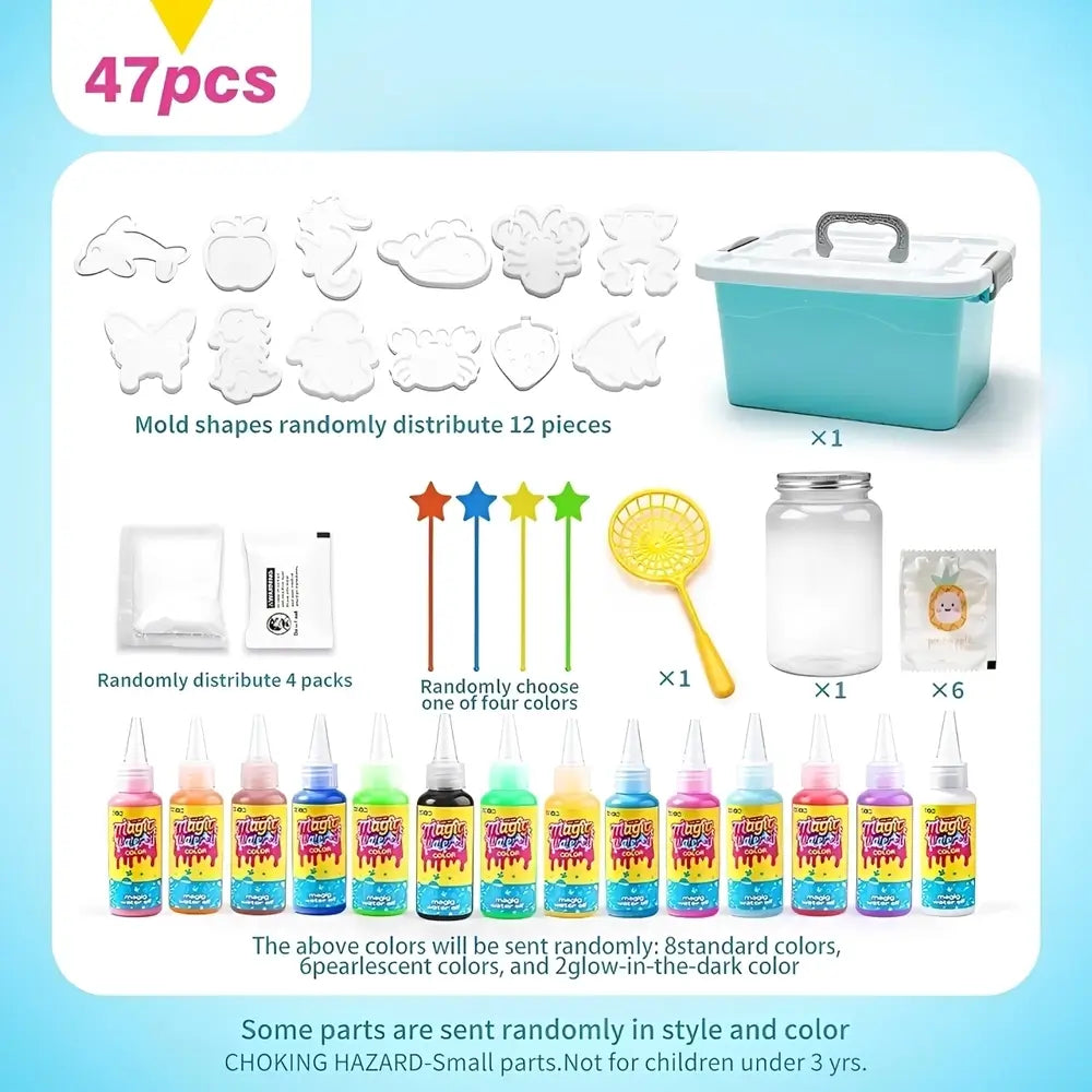 A product listing graphic for a children's plastic mold and paint kit, showing a turquoise storage bin, assorted white mold shapes, paint bottles in multiple colors, a yellow paint brush, and other included accessories on a light blue background.