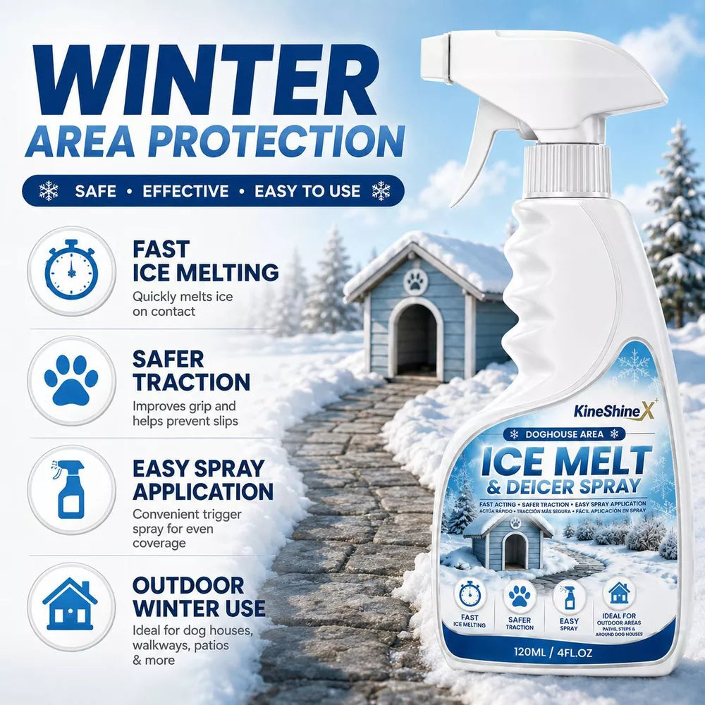 A winter protection poster with a snowy doghouse and stone path behind the deicer spray bottle listing fast melting and safer traction benefits