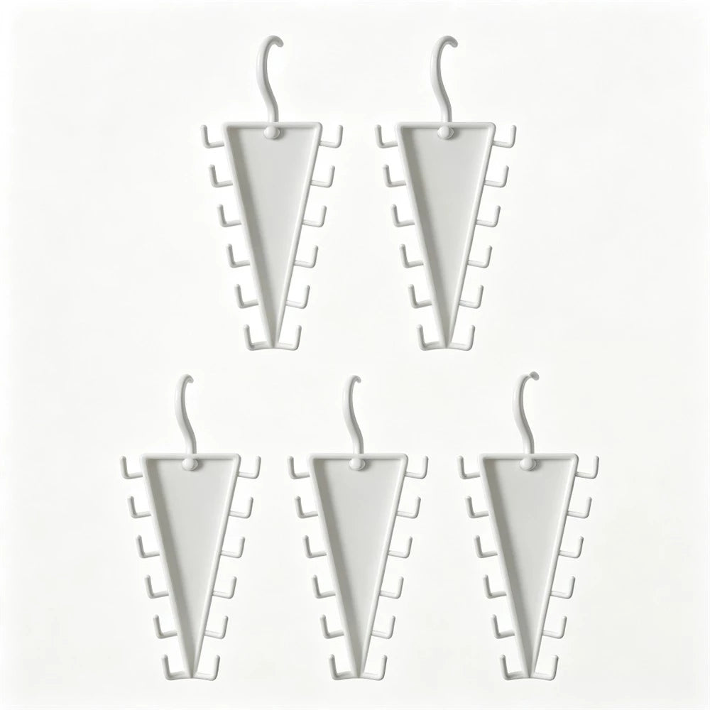 Five white plastic cone-shaped jewelry display stands with hook hangers, arranged on a plain white background.