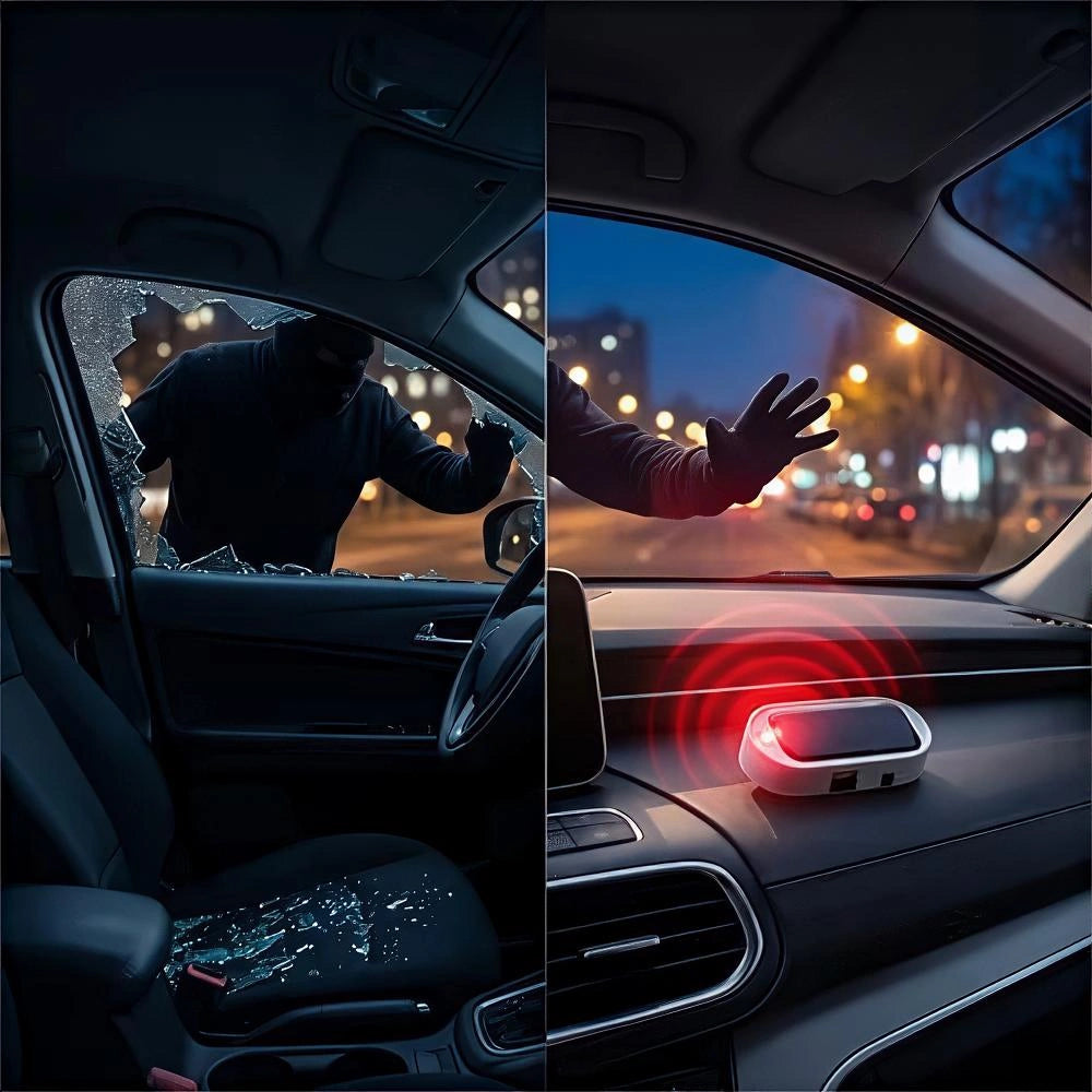 A split-screen demonstration of a car alarm or security device. The left side shows a thief breaking a car window at night, while the right side shows the alarm activated on the dashboard with a red signal wave overlay, blocking or alerting the driver against a city street at night.