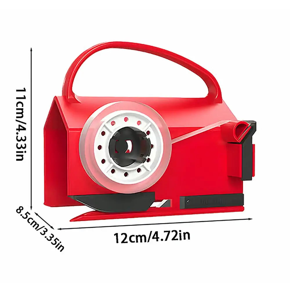 A red tape dispenser with a carrying handle, shown with dimension lines indicating measurements of 12cm/4.72in wide, 11cm/4.
