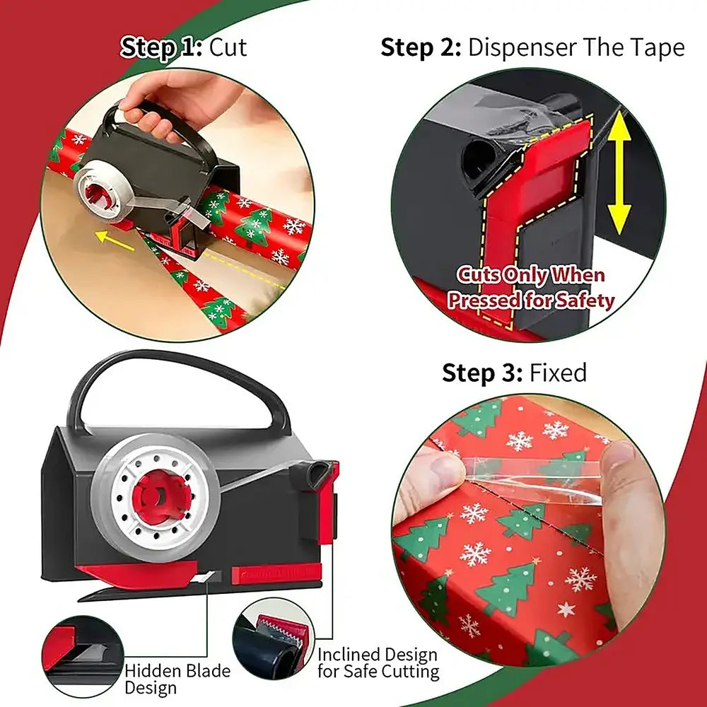 Instructional graphic showing how to use a black and red gift wrap tape dispenser. The layout includes three circular callouts labeled Step 1: Cut, Step 2: Dispenser The Tape, and Step 3: Fixed, with text explaining the cut, press-to-release safety mechanism, and fixed position.