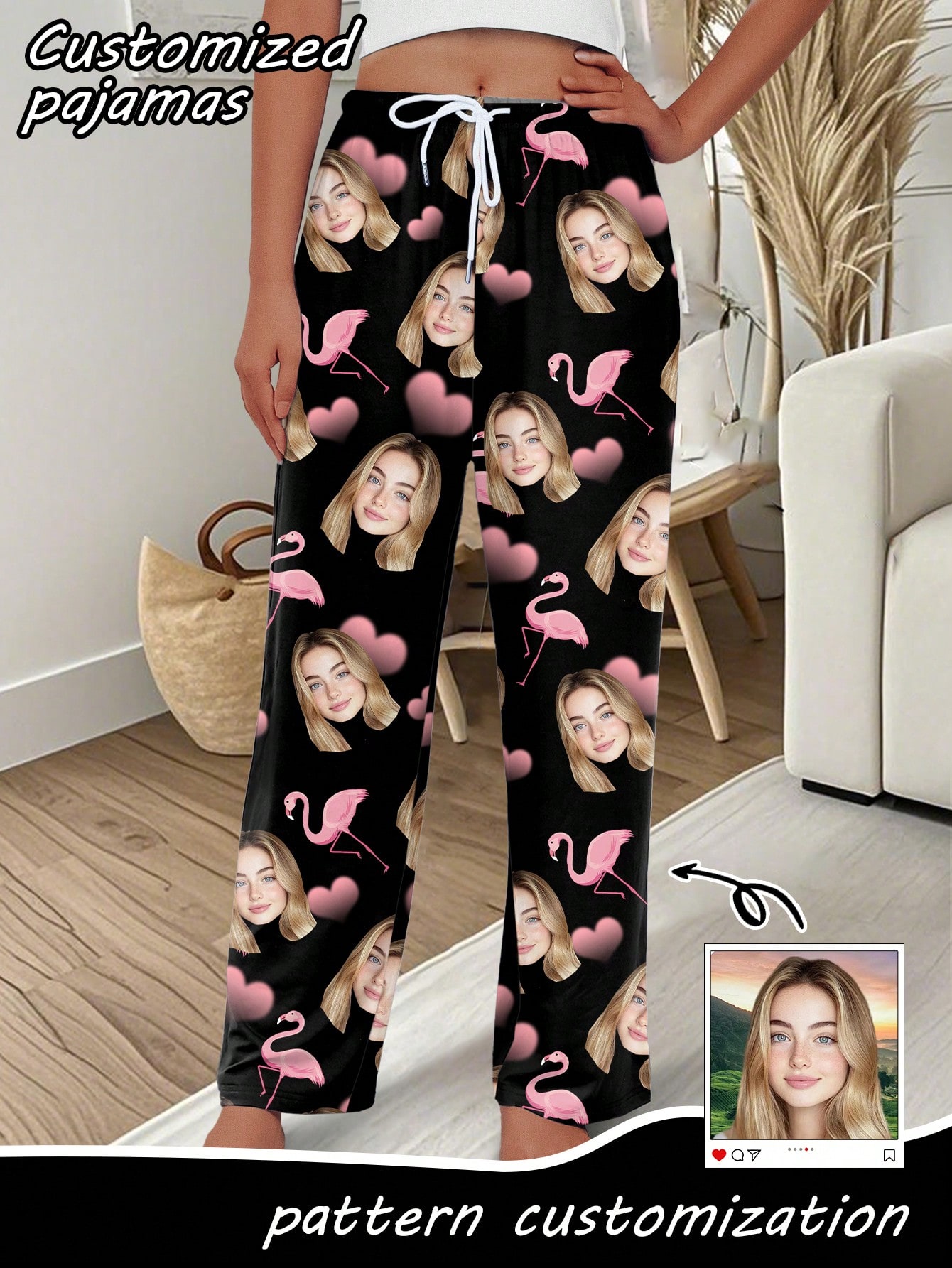Custom-designed pajama pants with a portrait of a person, featuring a flamingo and heart print; sweet-style custom pajamas.