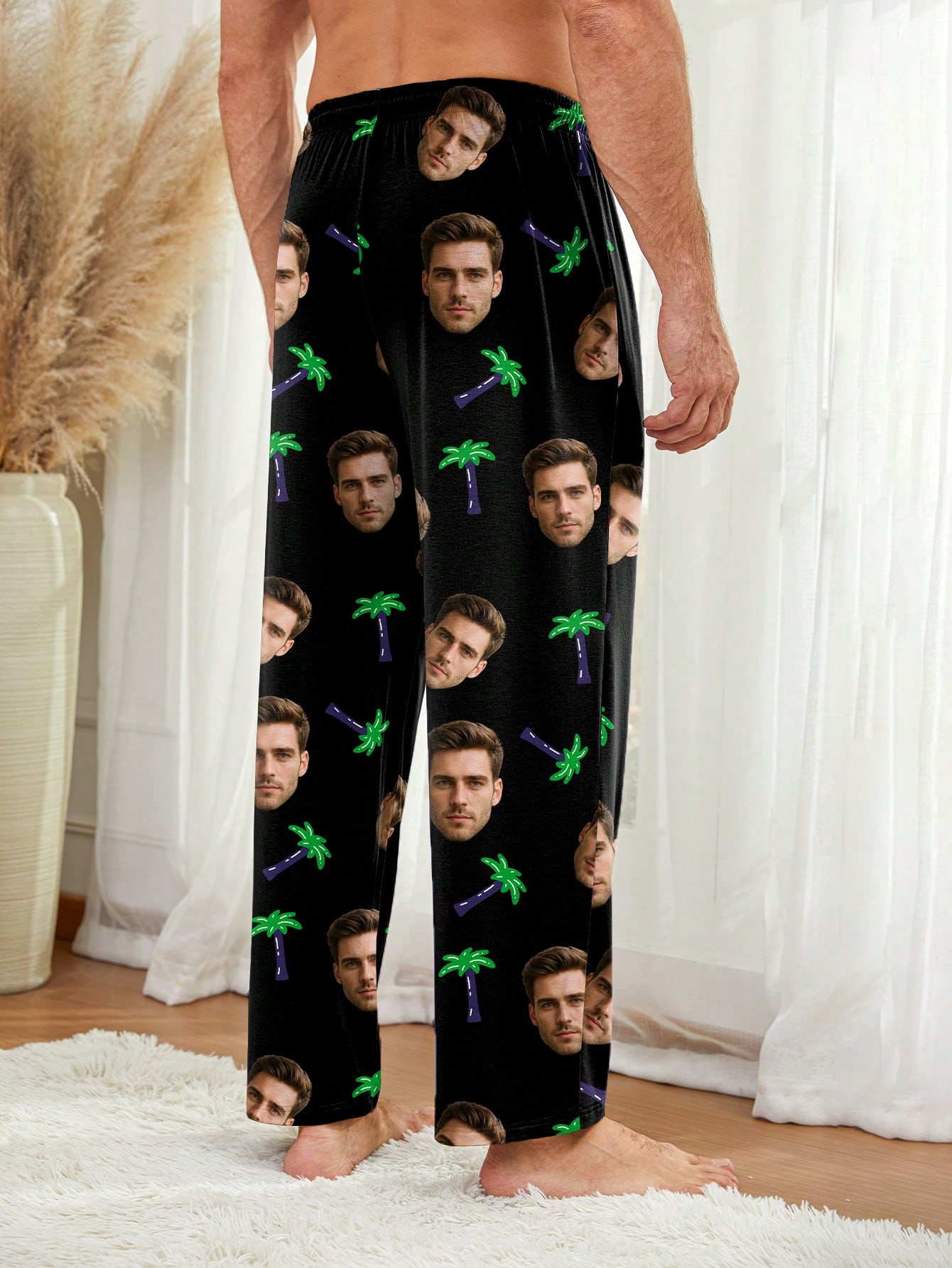 Customized men's pajama pants with portrait design, coconut tree pattern loungewear, comfortable pajamas, fun gift.