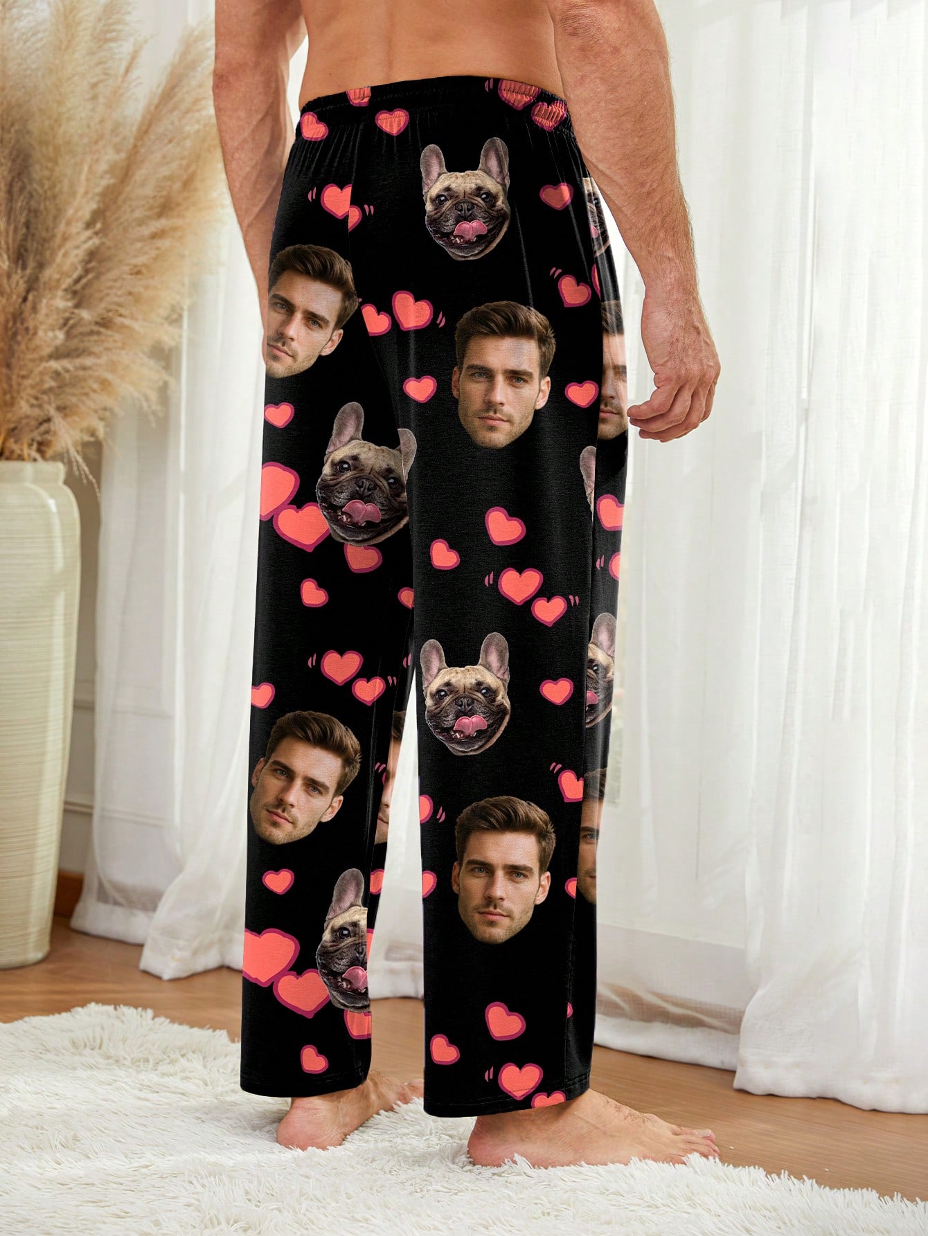 Customized pet-themed men's pajama pants, heart-patterned loungewear, fun and comfortable pajama gift.