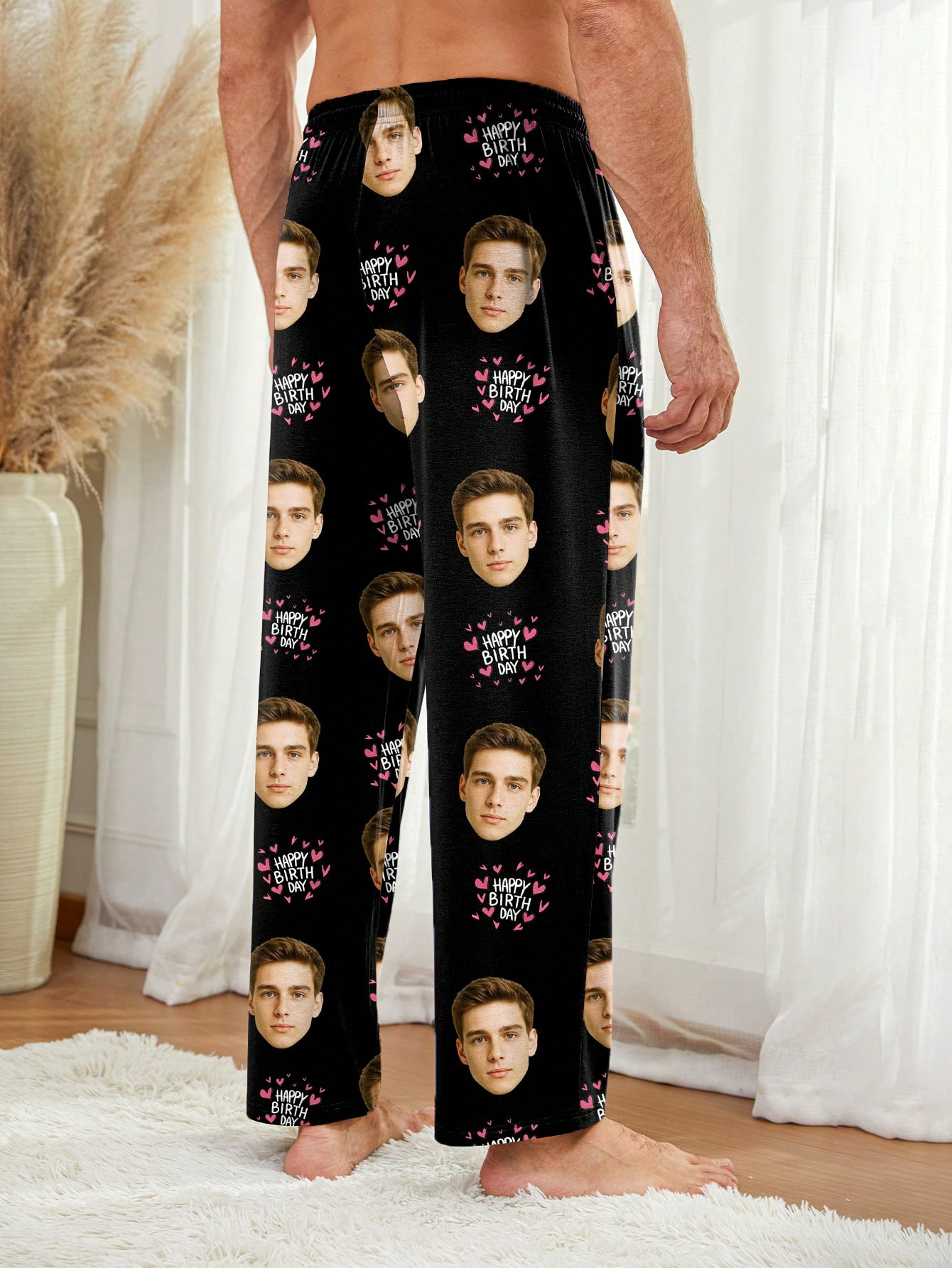Customizable men's pajama pants with a "Happy Birthday" design, fun and comfortable birthday gift.