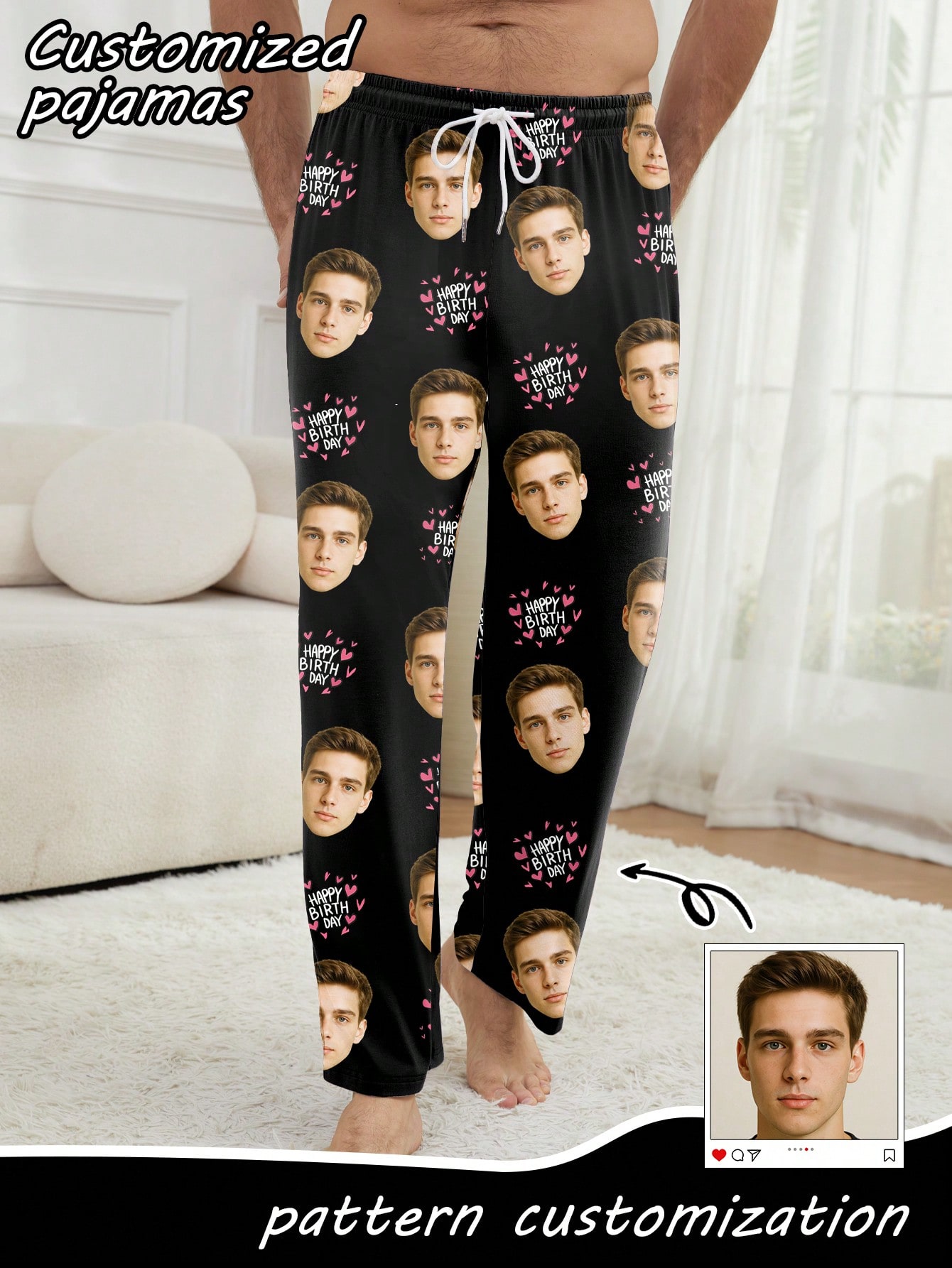Customizable men's pajama pants with a "Happy Birthday" design, fun and comfortable birthday gift.