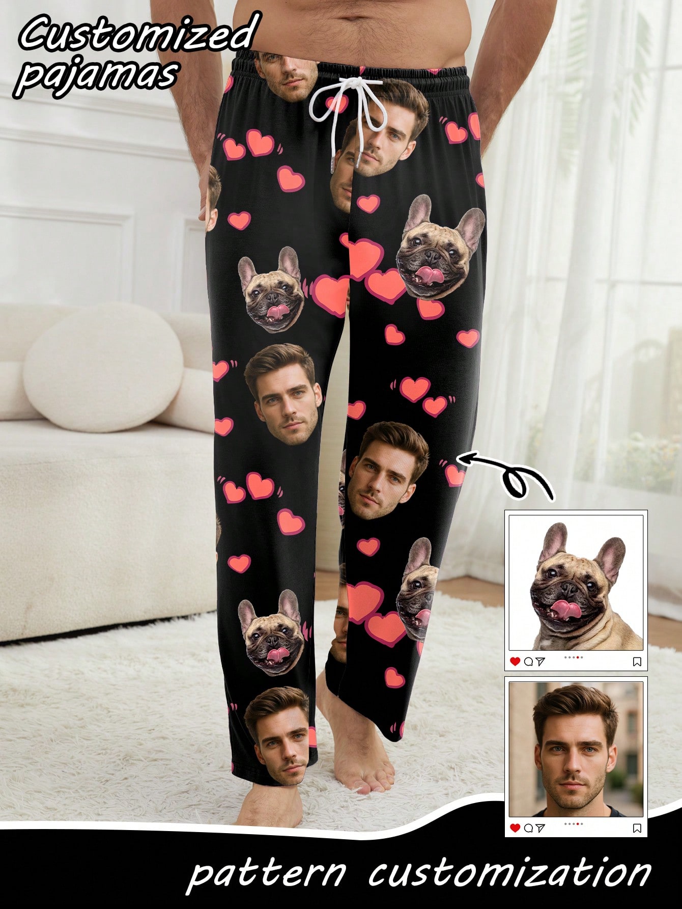 Customized pet-themed men's pajama pants, heart-patterned loungewear, fun and comfortable pajama gift.
