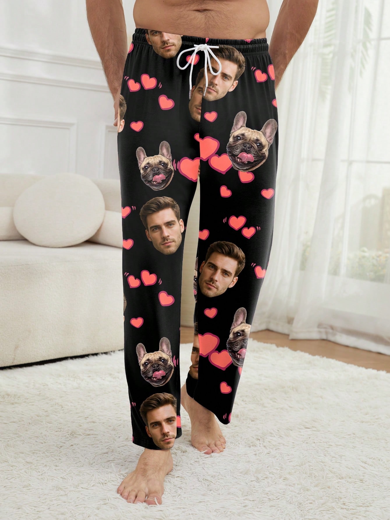Customized pet-themed men's pajama pants, heart-patterned loungewear, fun and comfortable pajama gift.