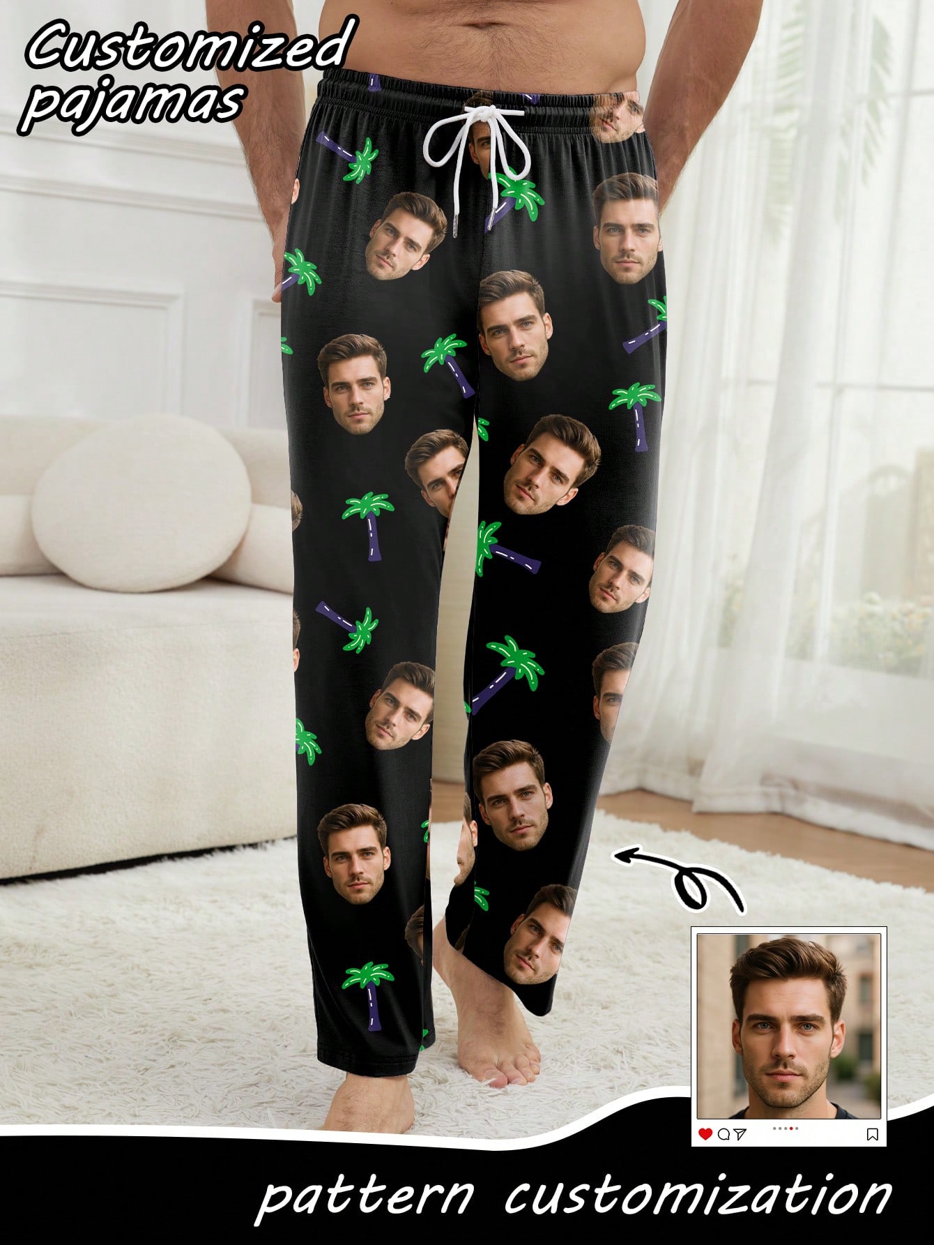 Customized men's pajama pants with portrait design, coconut tree pattern loungewear, comfortable pajamas, fun gift.
