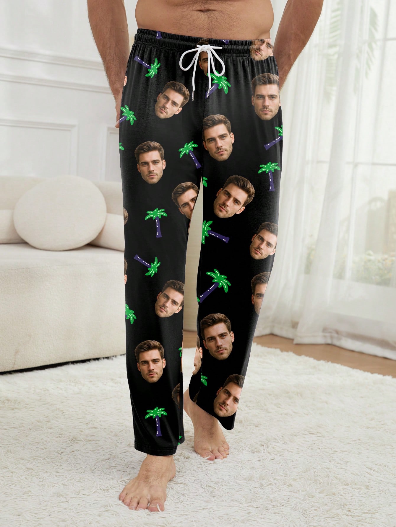 Customized men's pajama pants with portrait design, coconut tree pattern loungewear, comfortable pajamas, fun gift.