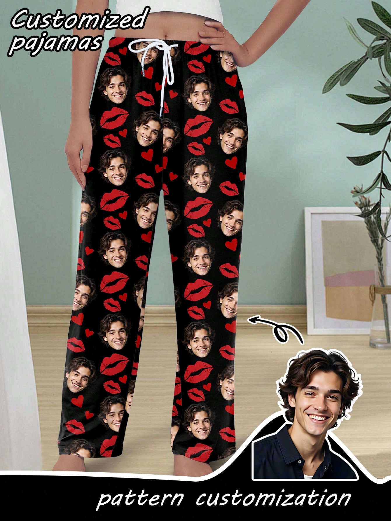 Personalized custom avatar heart-shaped printed pajama pants, comfortable home pants, personalized pajamas