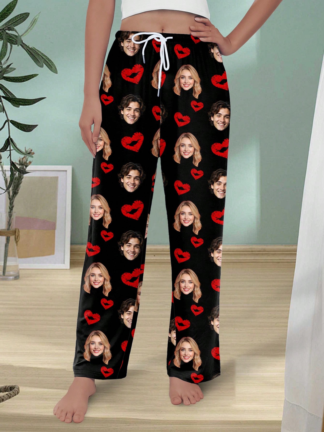 Customized avatar women's heart-shaped printed pajama pants, personalized pajama gifts