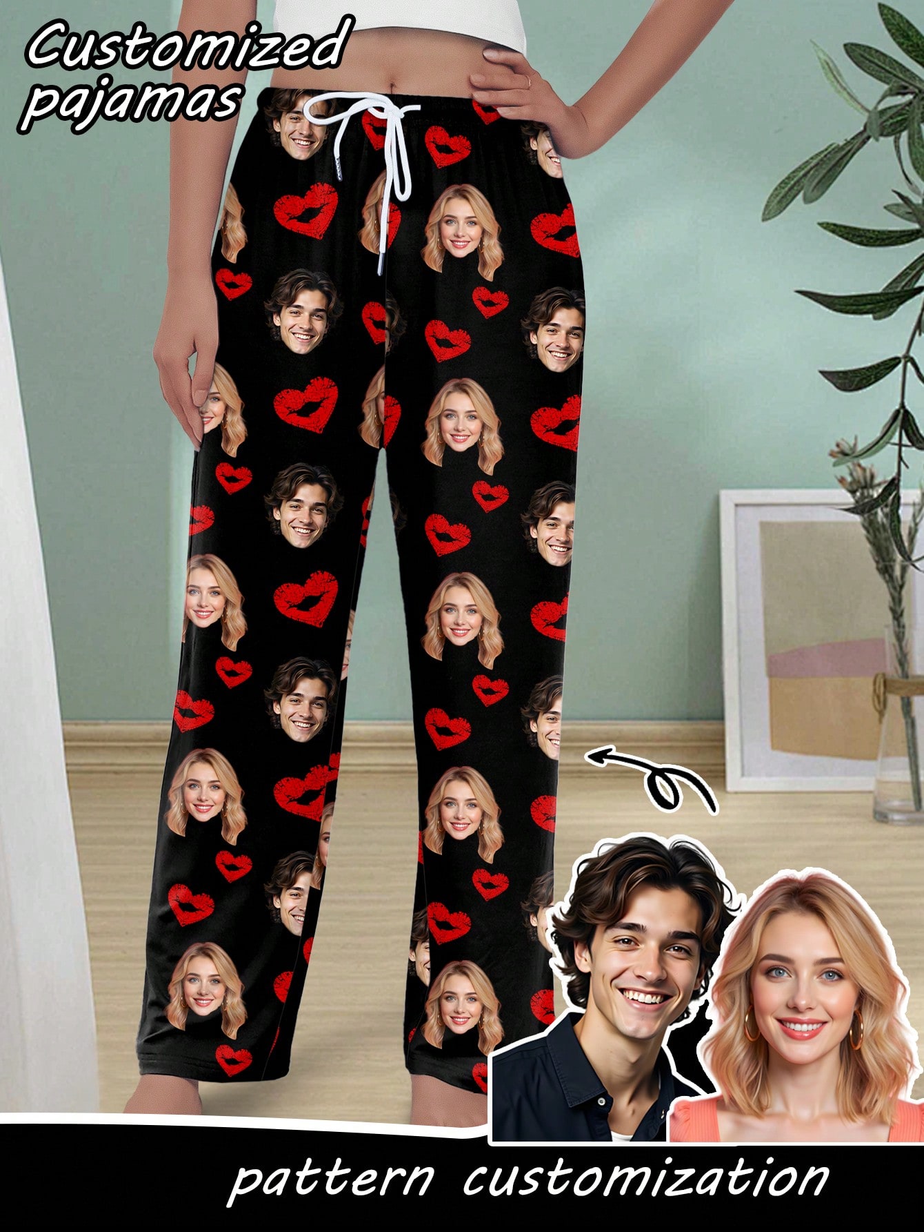 Customized avatar women's heart-shaped printed pajama pants, personalized pajama gifts