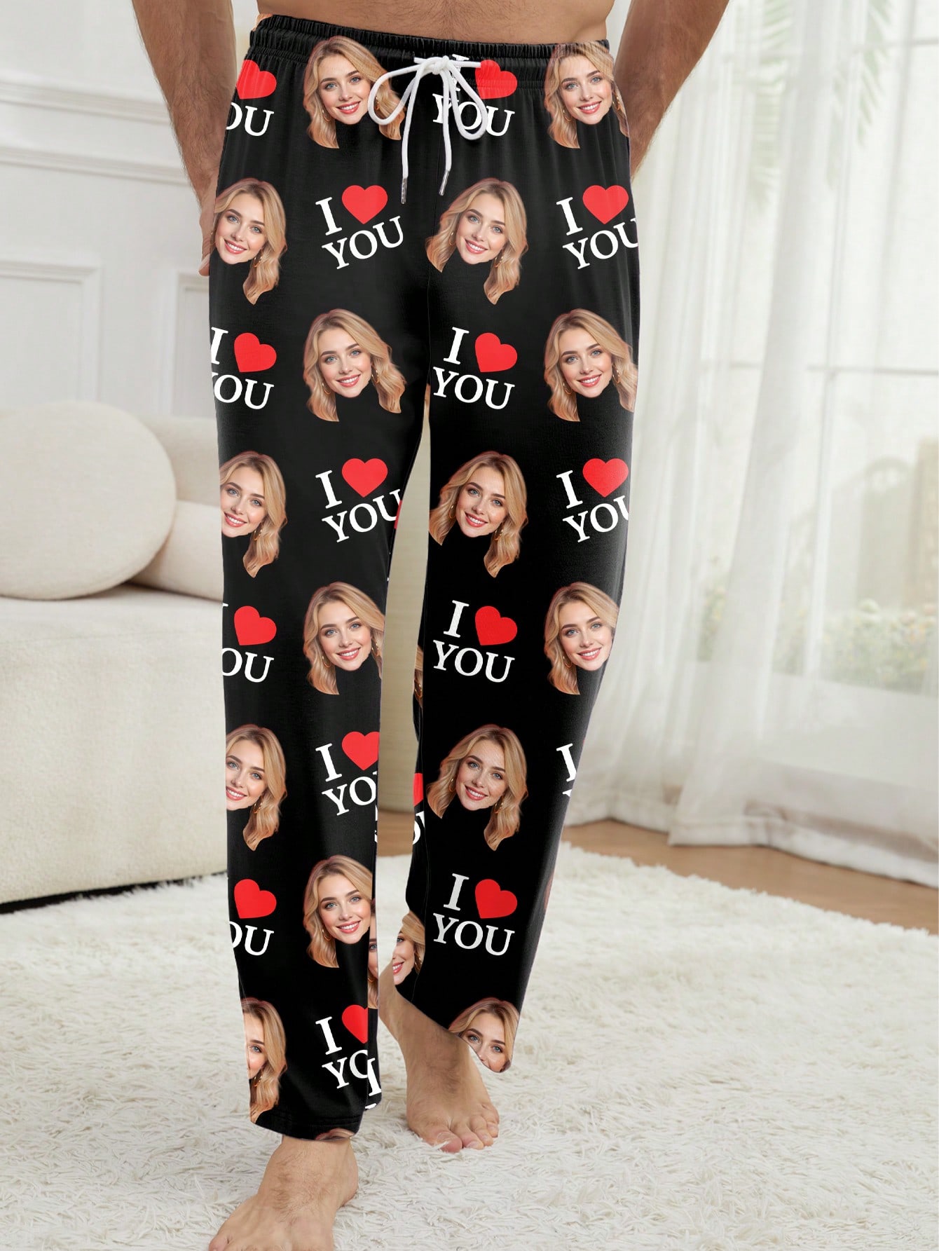 Customized men's pajama pants with portrait design, heart-print casual loungewear.
