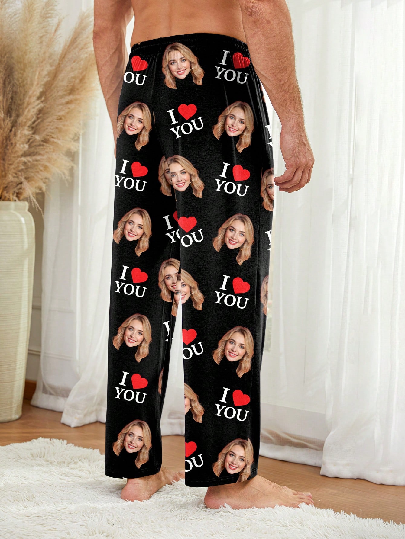 Customized men's pajama pants with portrait design, heart-print casual loungewear.