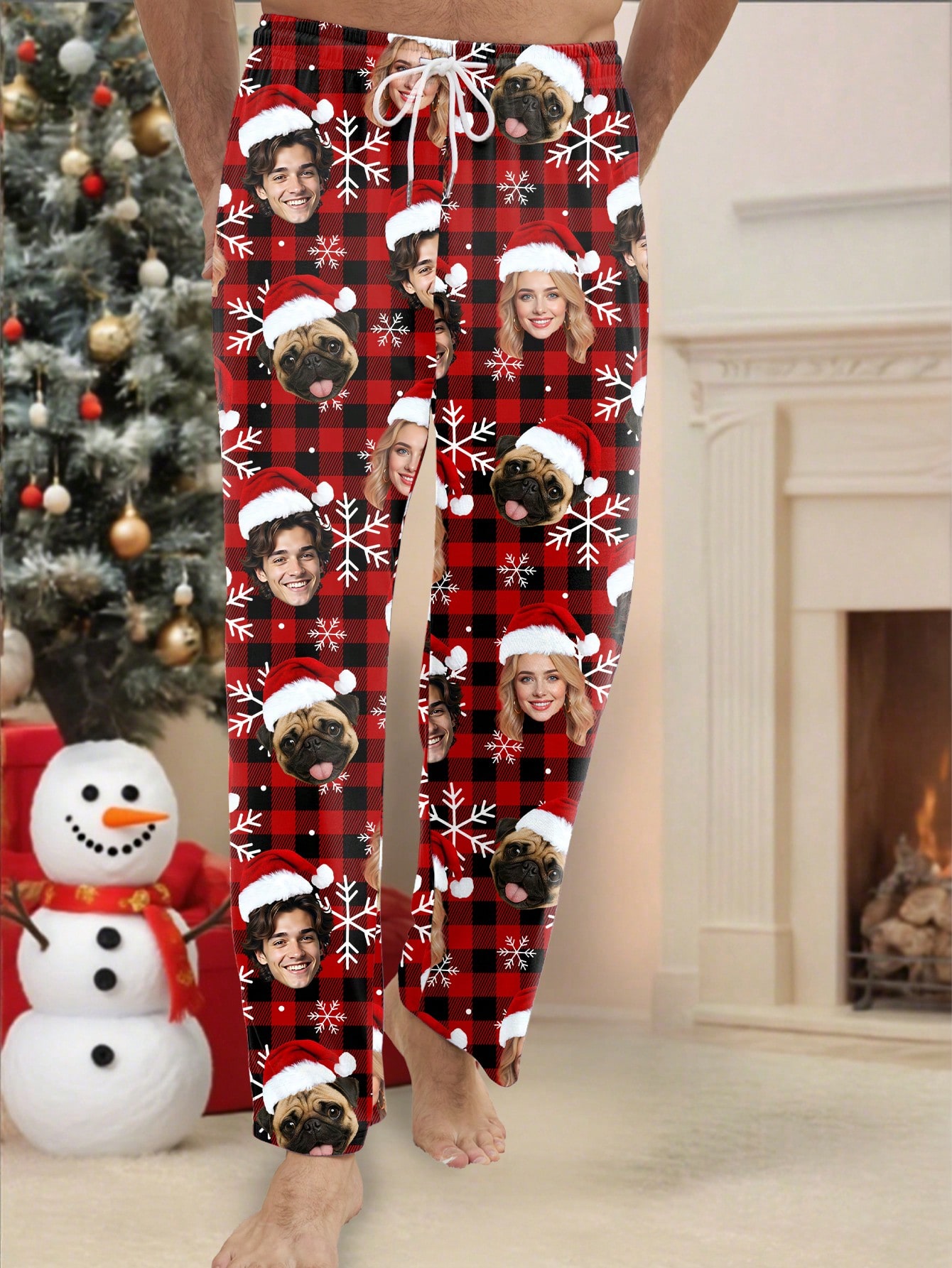 Men's personalized portrait pajama pants with Santa hat and snowflake print, a casual loungewear gift for family and friends for Christmas.