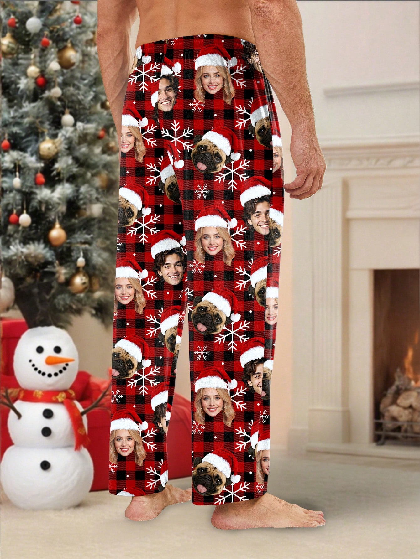 Men's personalized portrait pajama pants with Santa hat and snowflake print, a casual loungewear gift for family and friends for Christmas.