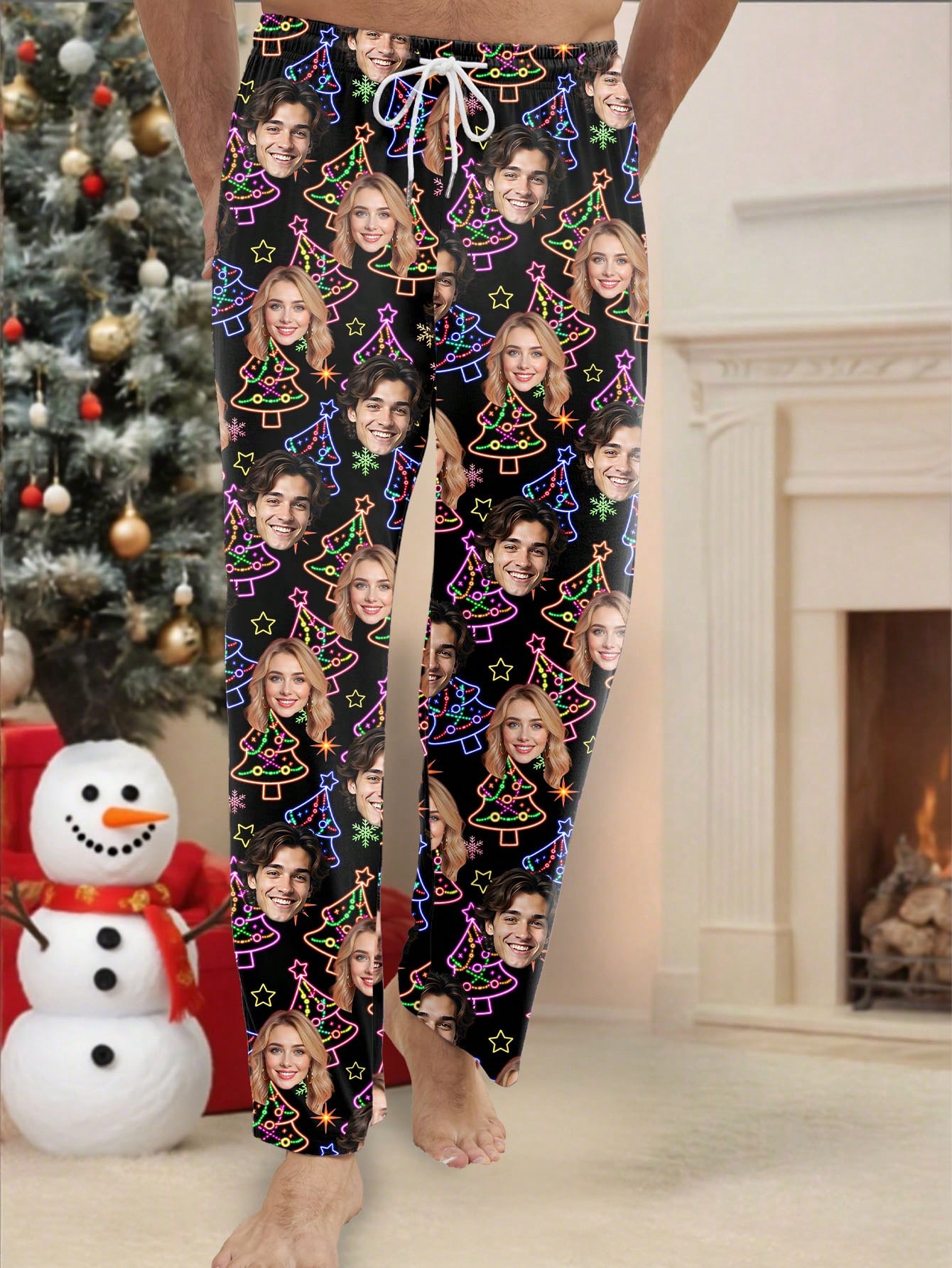 Personalized men's pajamas with neon Christmas tree design, personalized photos, casual loungewear, Christmas gift.