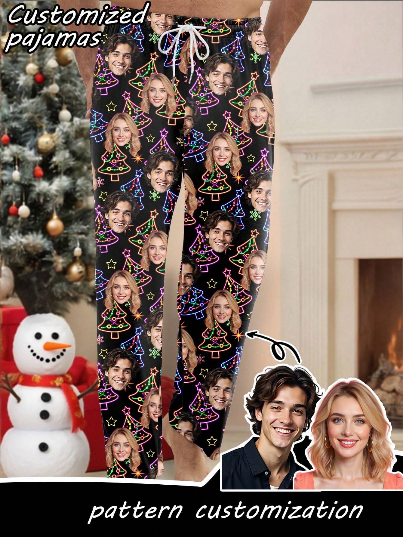 Personalized men's pajamas with neon Christmas tree design, personalized photos, casual loungewear, Christmas gift.