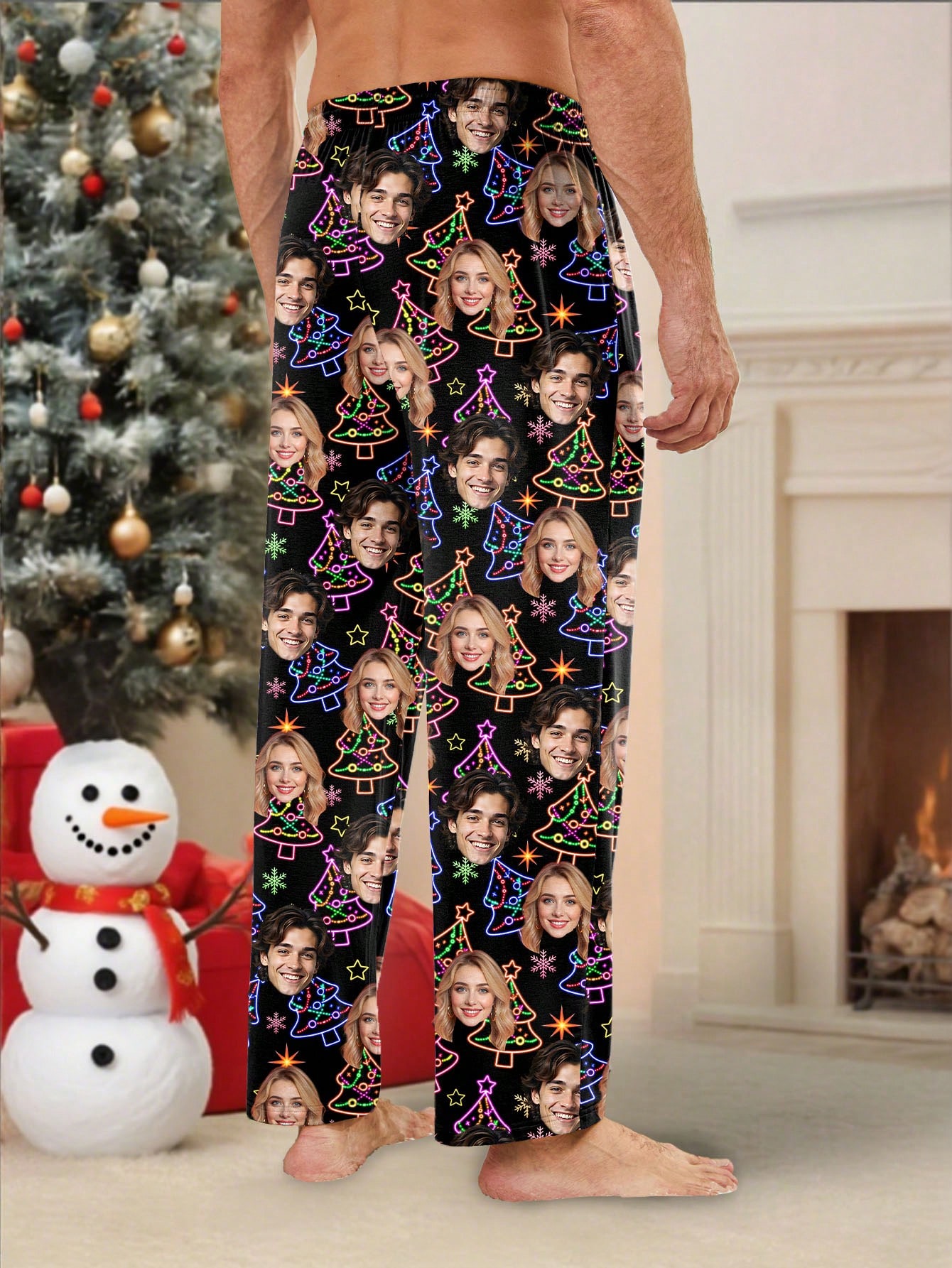 Personalized men's pajamas with neon Christmas tree design, personalized photos, casual loungewear, Christmas gift.