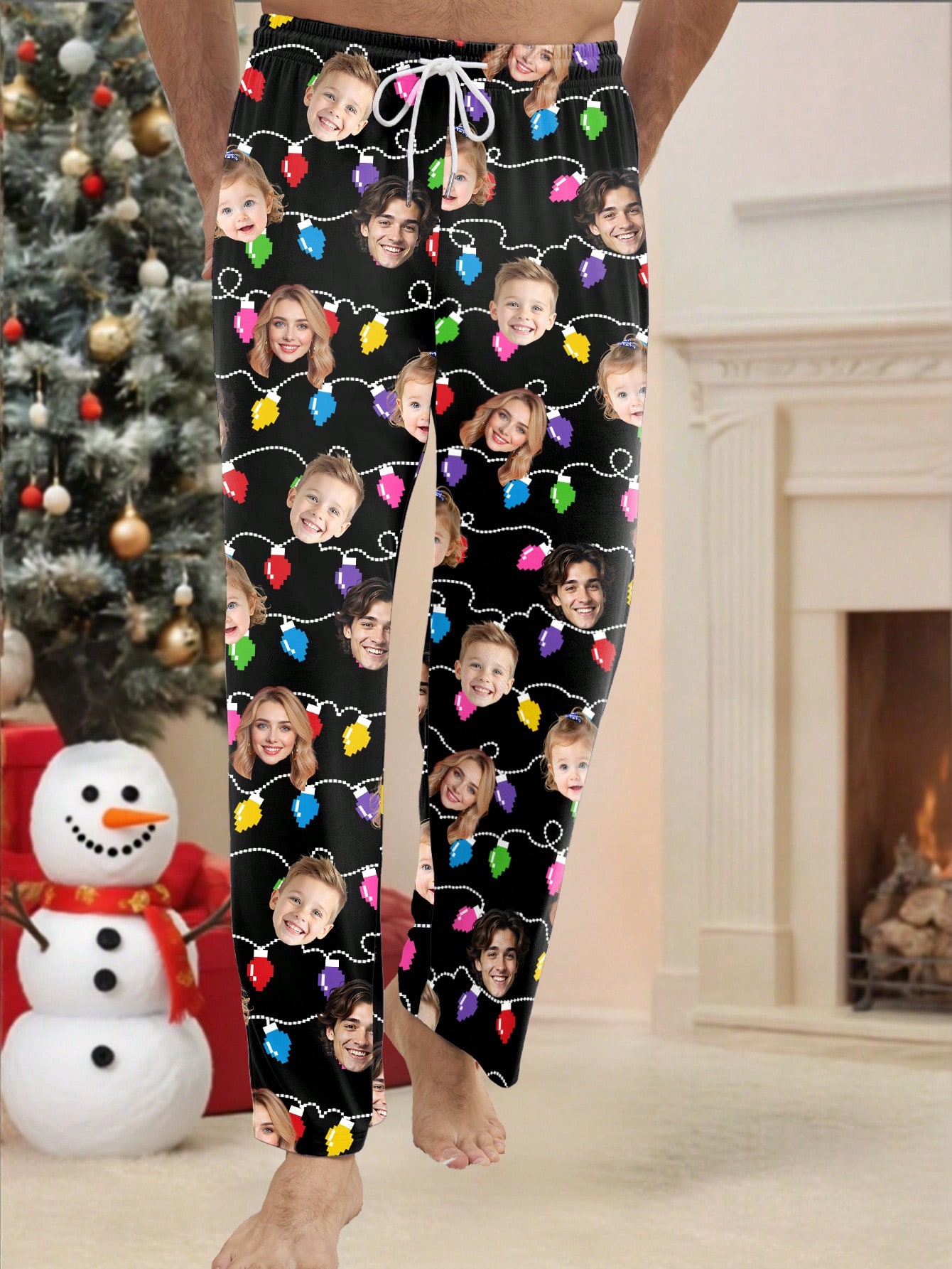 Personalized custom-made Christmas light printed men's pajama pants, family photo pattern home casual long pants, Christmas gift style
