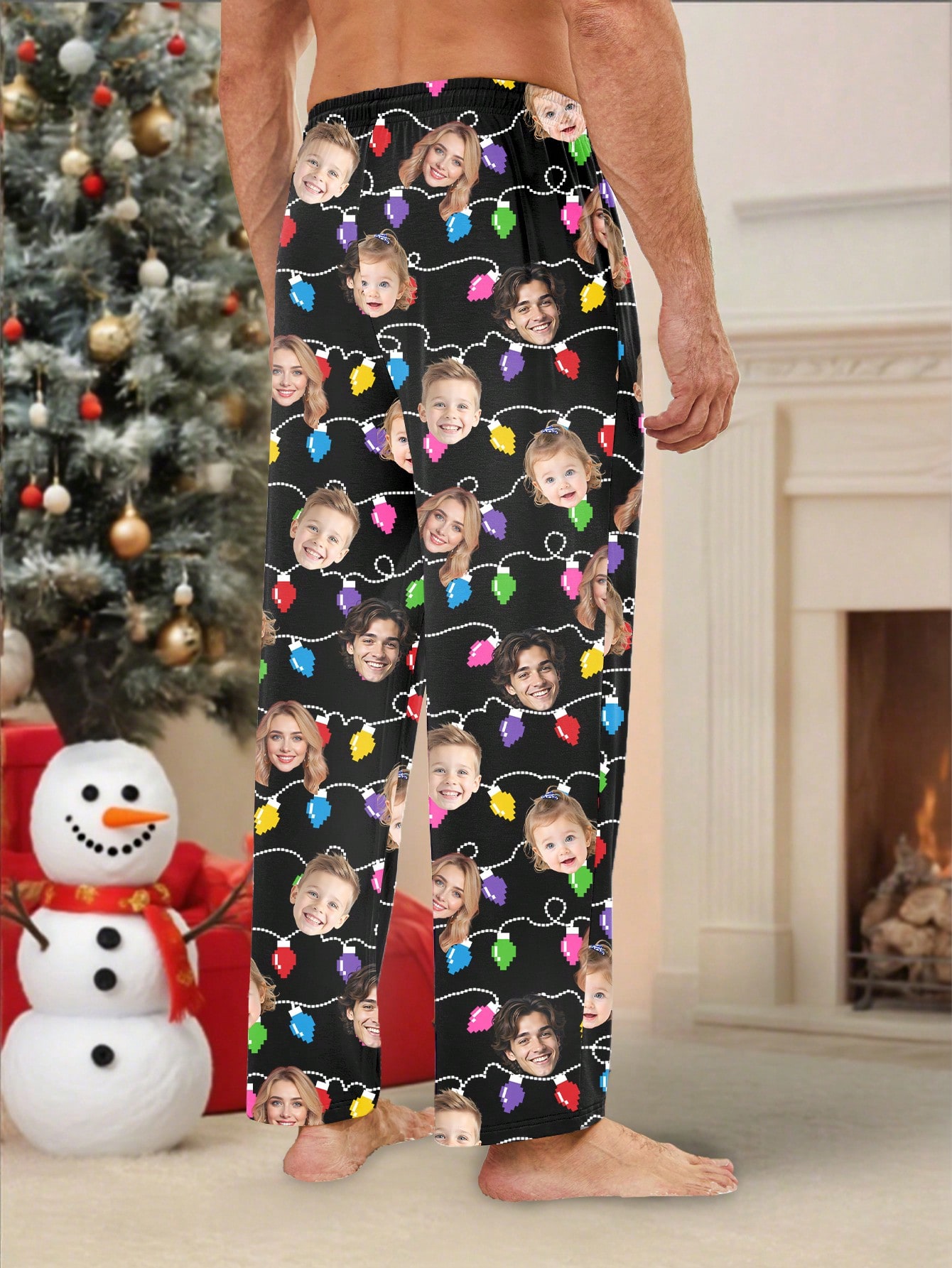 Personalized custom-made Christmas light printed men's pajama pants, family photo pattern home casual long pants, Christmas gift style