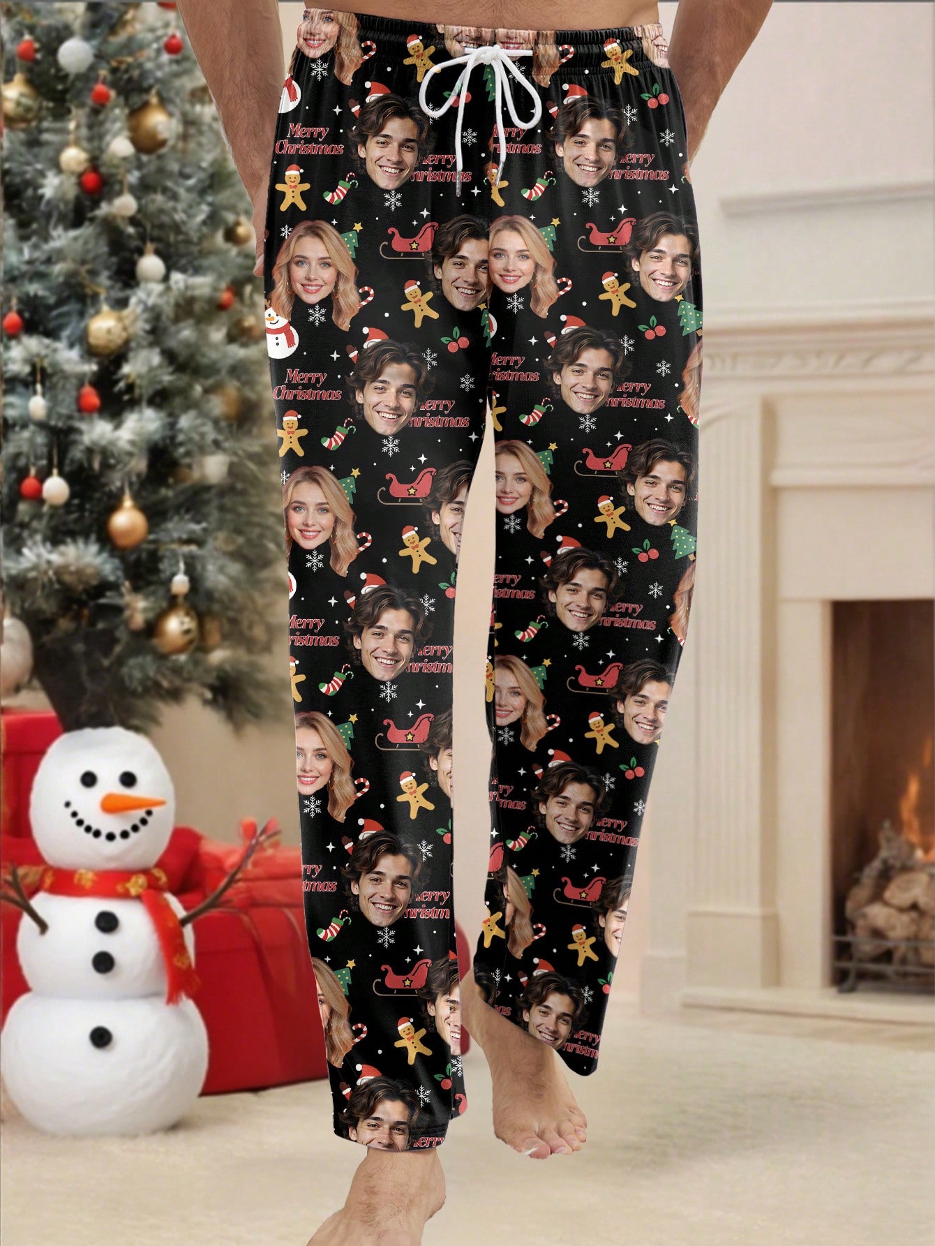 Personalized photo portrait Christmas-themed all-over print men's pajama pants, couple/family loungewear, fun Christmas gift.