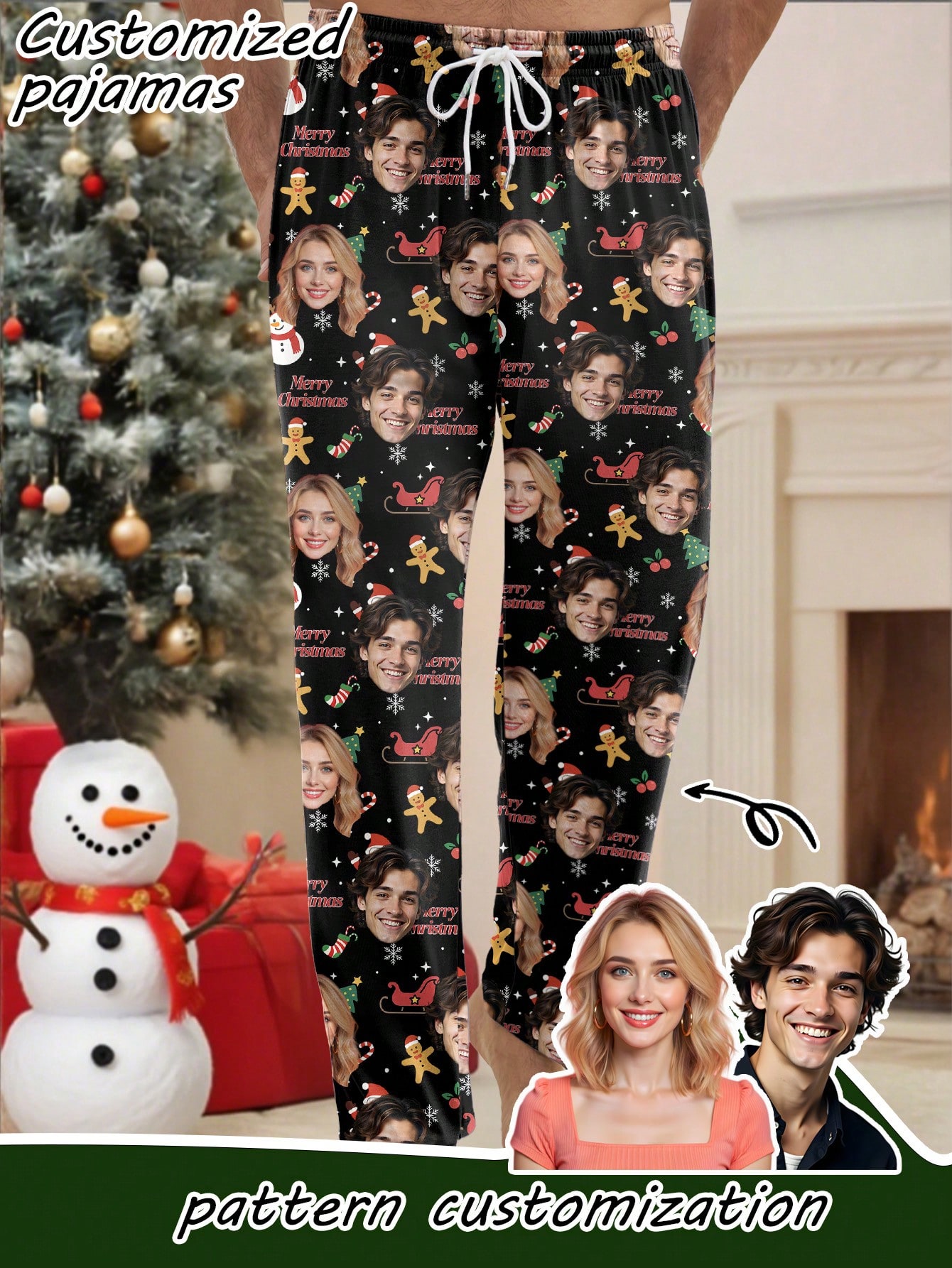 Personalized photo portrait Christmas-themed all-over print men's pajama pants, couple/family loungewear, fun Christmas gift.