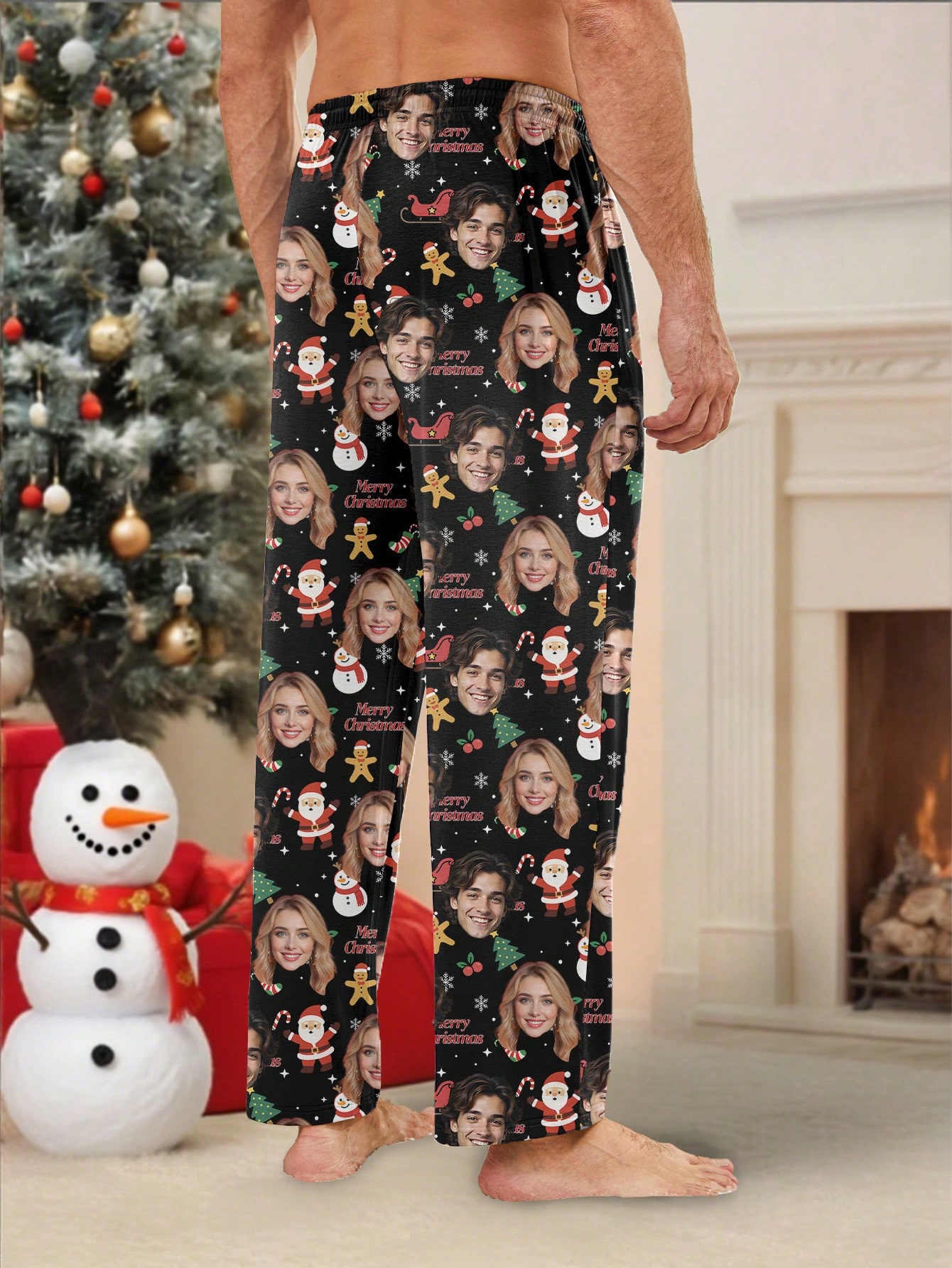 Personalized photo portrait Christmas-themed all-over print men's pajama pants, couple/family loungewear, fun Christmas gift.