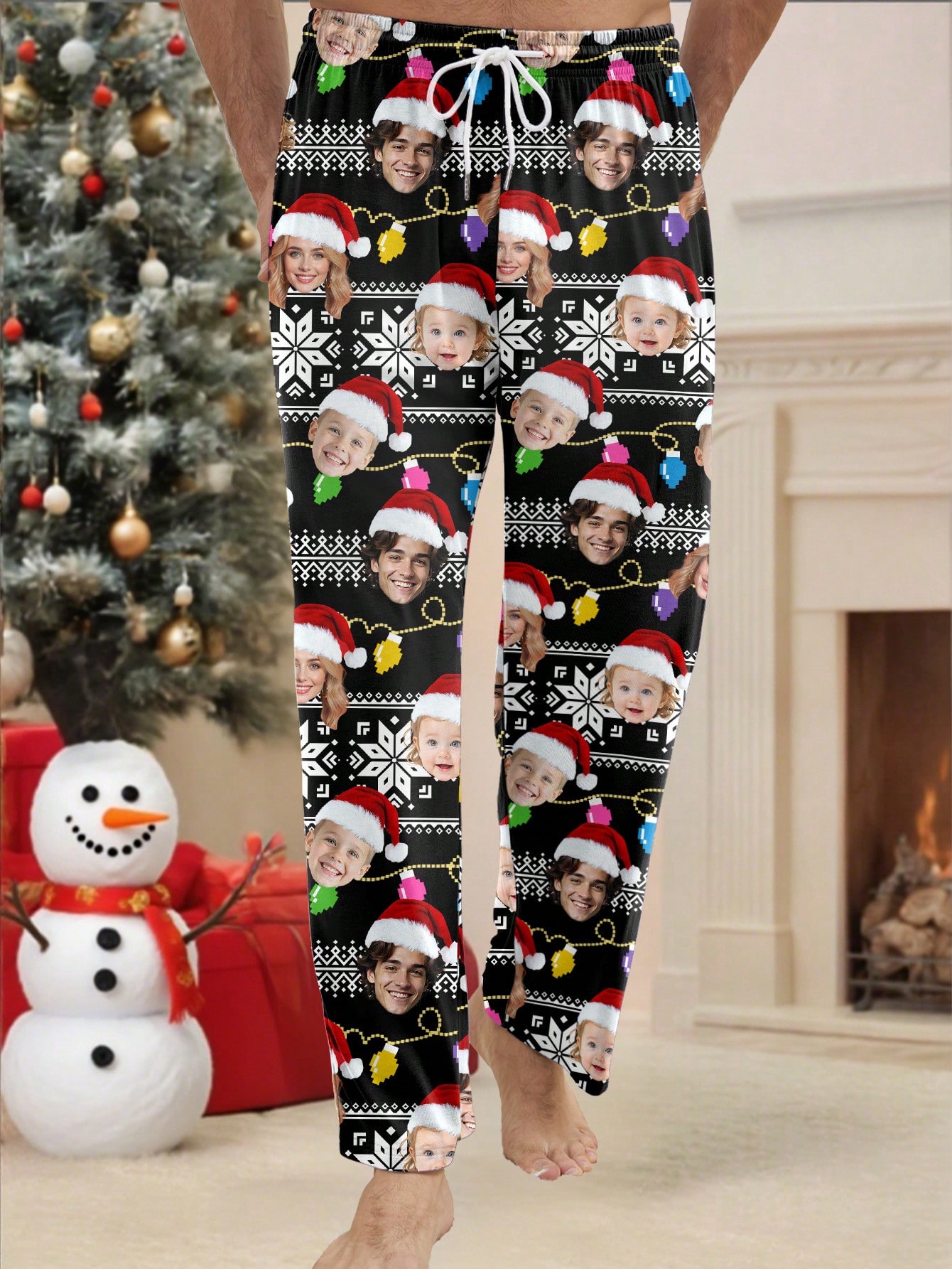 Personalized men's customized photo headshots, Christmas hats, snowflakes, colorful light patterns, pajama pants, casual long pants, home pants, fully printed Christmas couple and family gifts