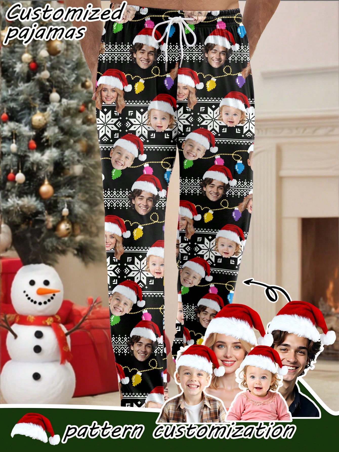 Personalized men's customized photo headshots, Christmas hats, snowflakes, colorful light patterns, pajama pants, casual long pants, home pants, fully printed Christmas couple and family gifts