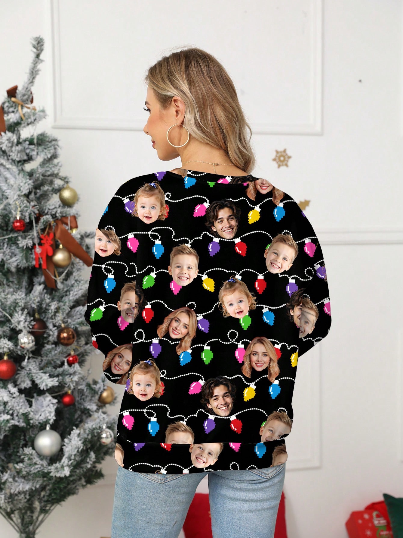 Personalized custom-made Christmas pajamas, custom-made family photo avatars, and festive hoodies with light print