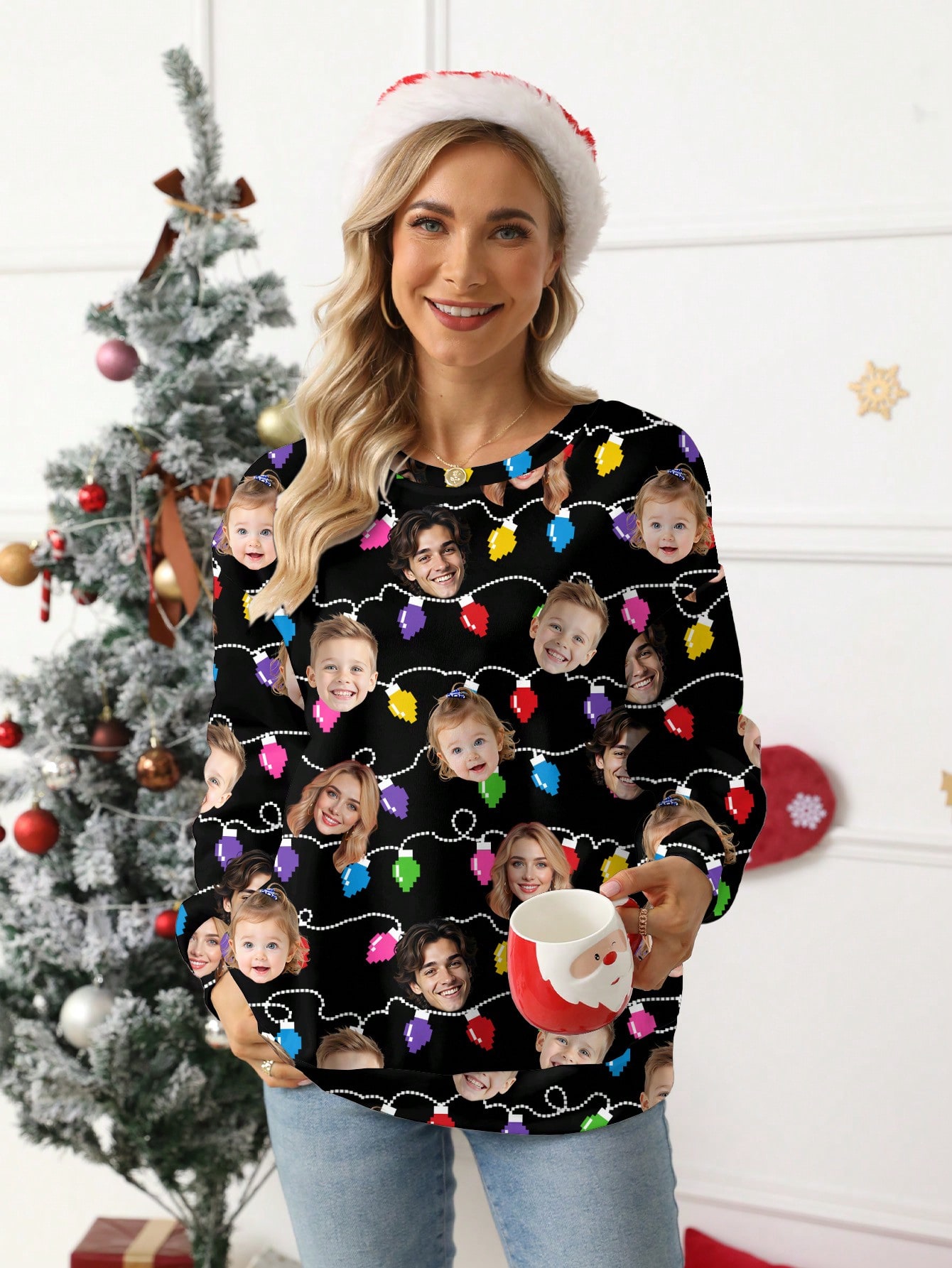 Personalized custom-made Christmas pajamas, custom-made family photo avatars, and festive hoodies with light print