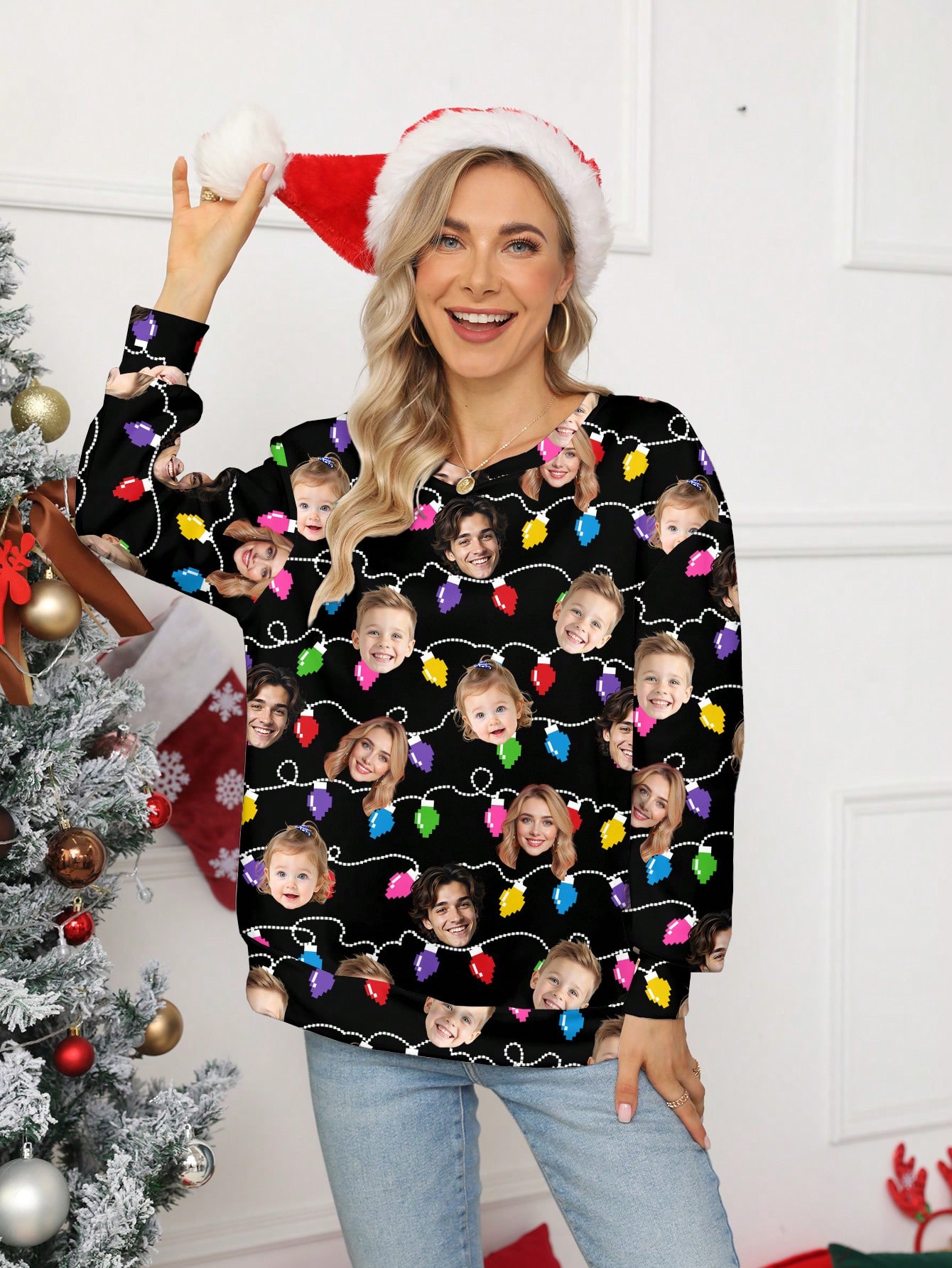 Personalized custom-made Christmas pajamas, custom-made family photo avatars, and festive hoodies with light print